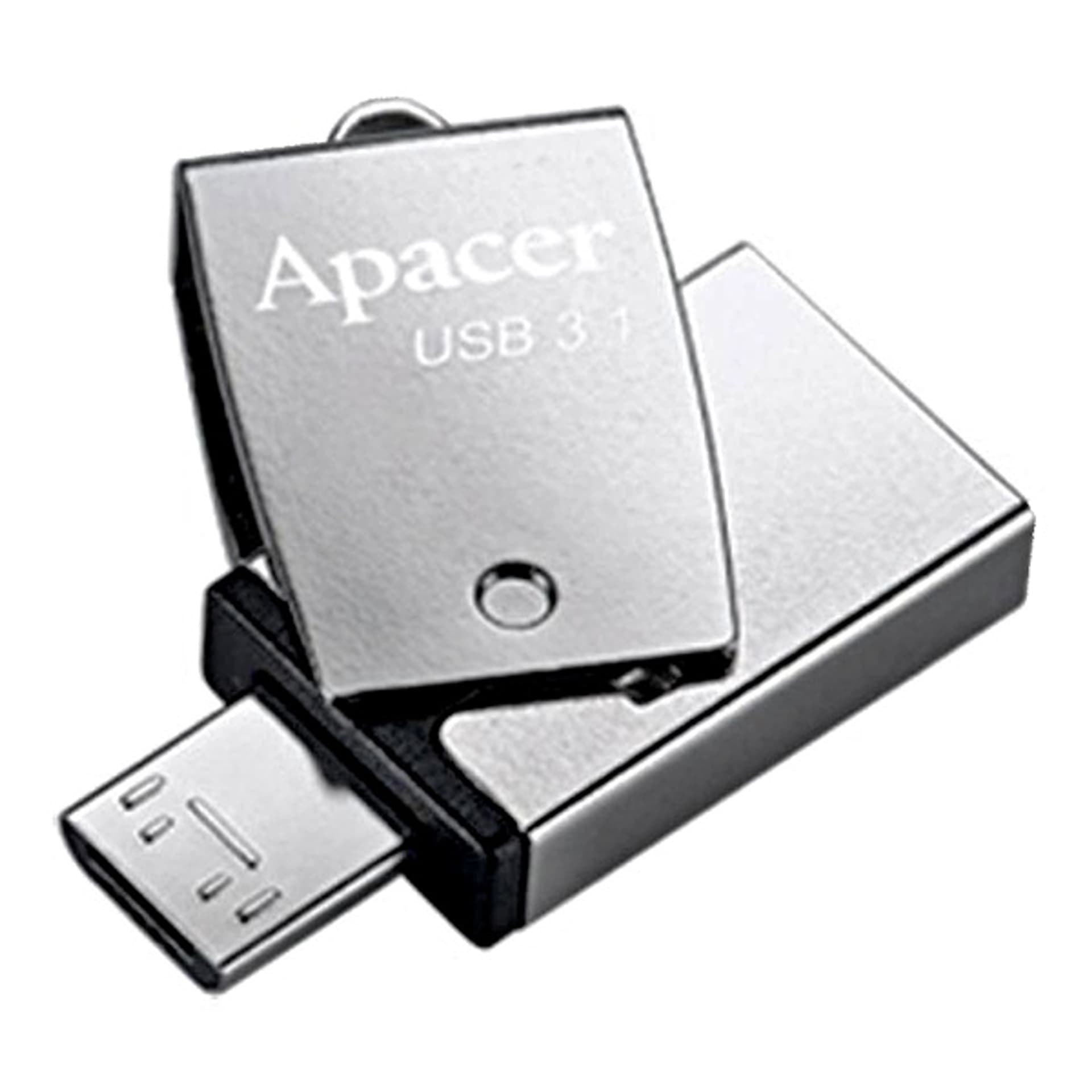 

Apacer USB flash disk OTG, USB 3.0, 64GB, AH750, srebrny, AP64GAH750S-1, USB A / USB Micro B, z obrotową osłoną