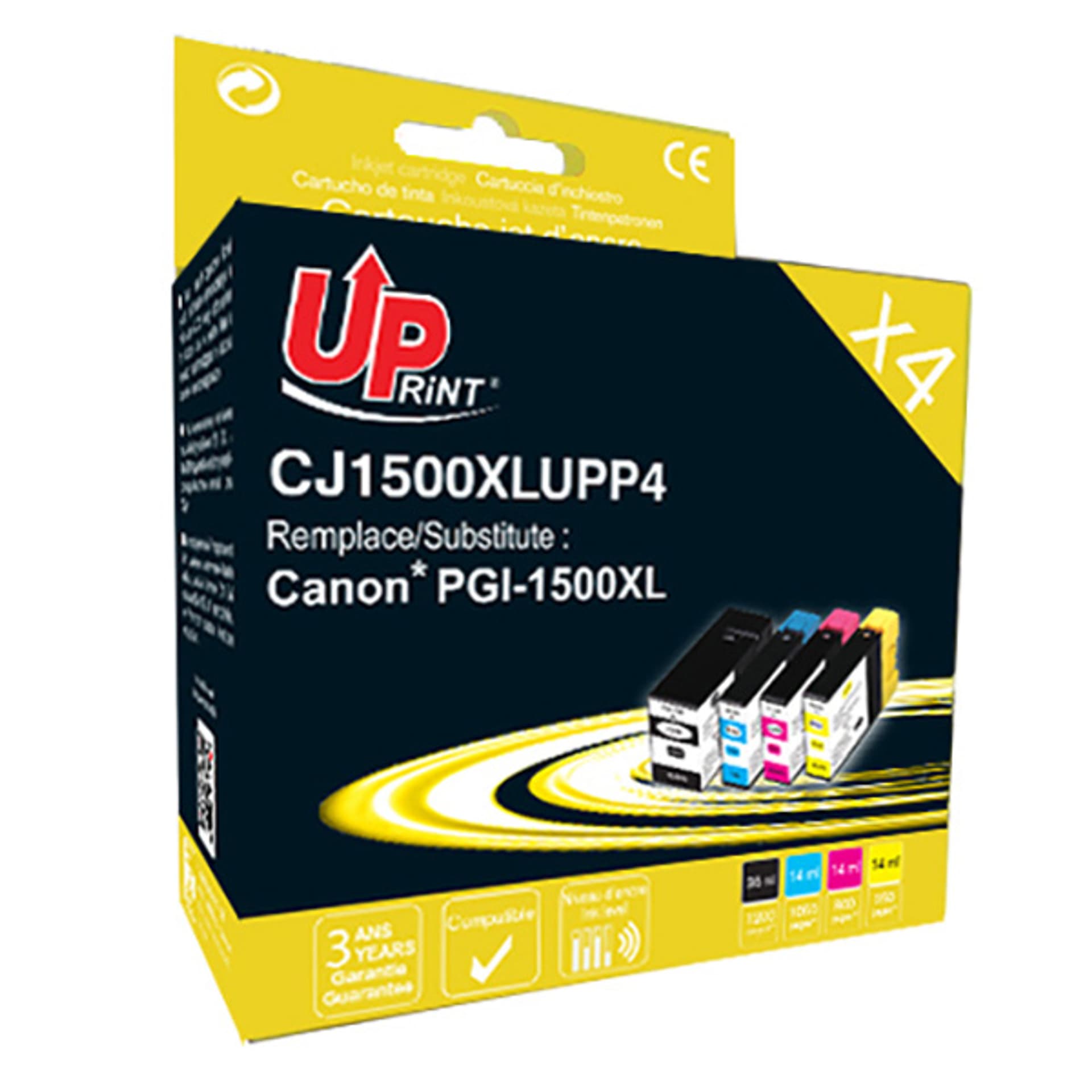 

UPrint kompatybilny ink / tusz z PGI 1500XL, 1xblack/1xcyan/1xmagenta/1xyellow, 36+3x14ml, C-1500XL BK/C/M/Y PACK 4, high capacity