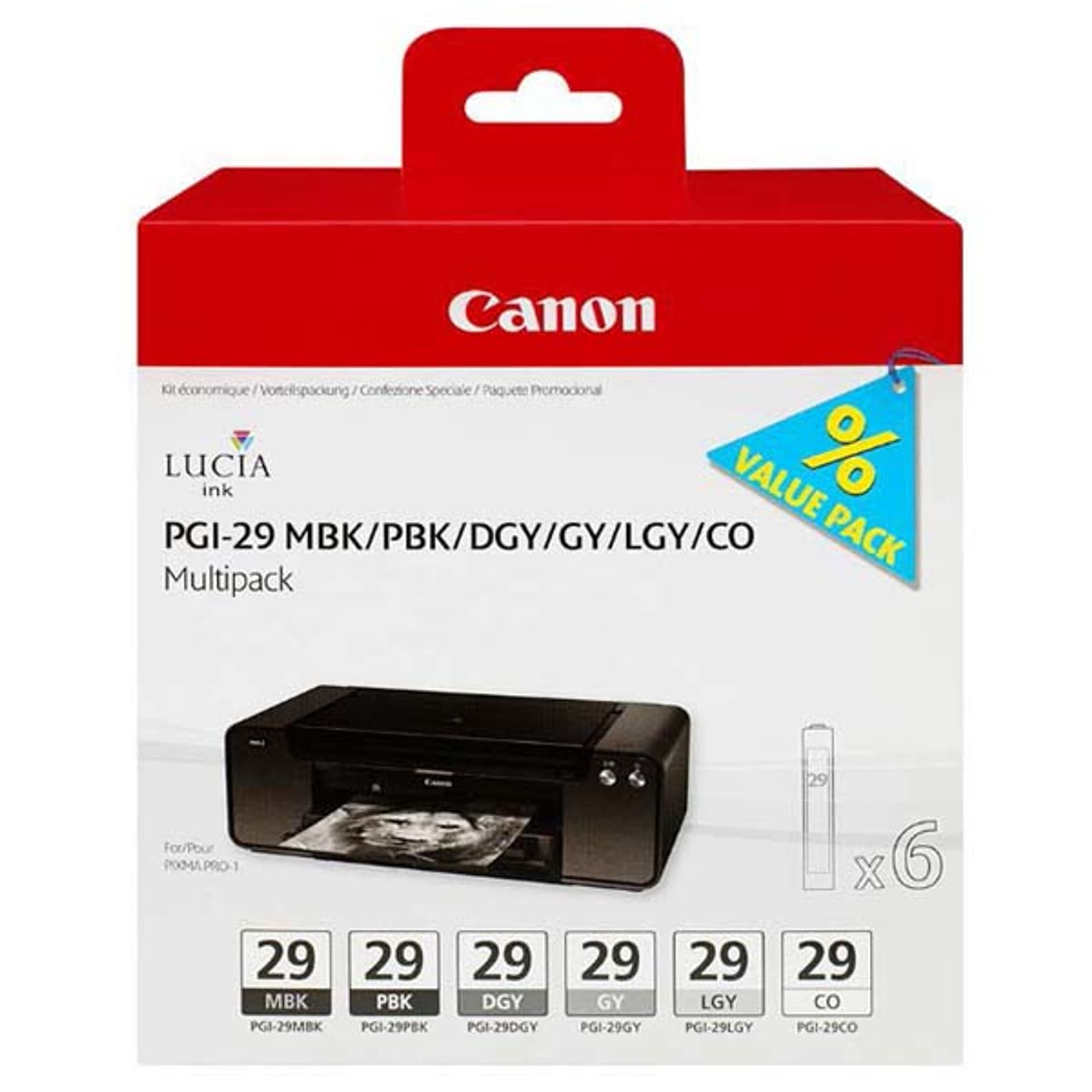 

Canon oryginalny ink / tusz PGI-29 MBK/PBK/DGY/GY/LGY/CO Multi pack, black/grey, 4868B018, Canon Pixma Pro 1
