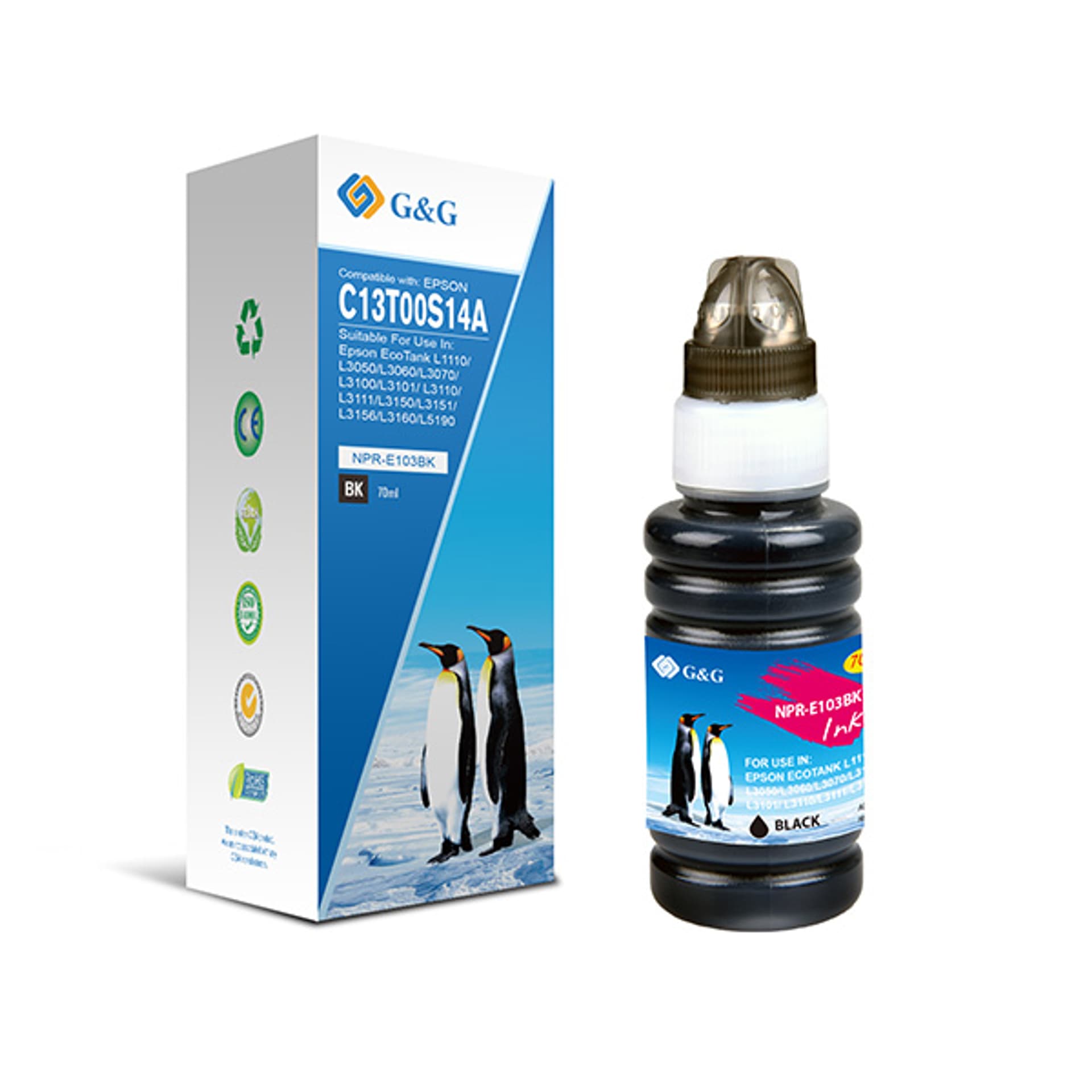 

G&G kompatybilny ink / tusz z C13T00S14A, black, NPR-E103BK-70ml-B, dla Epson EcoTank L3151, L3150, L3111, L3110