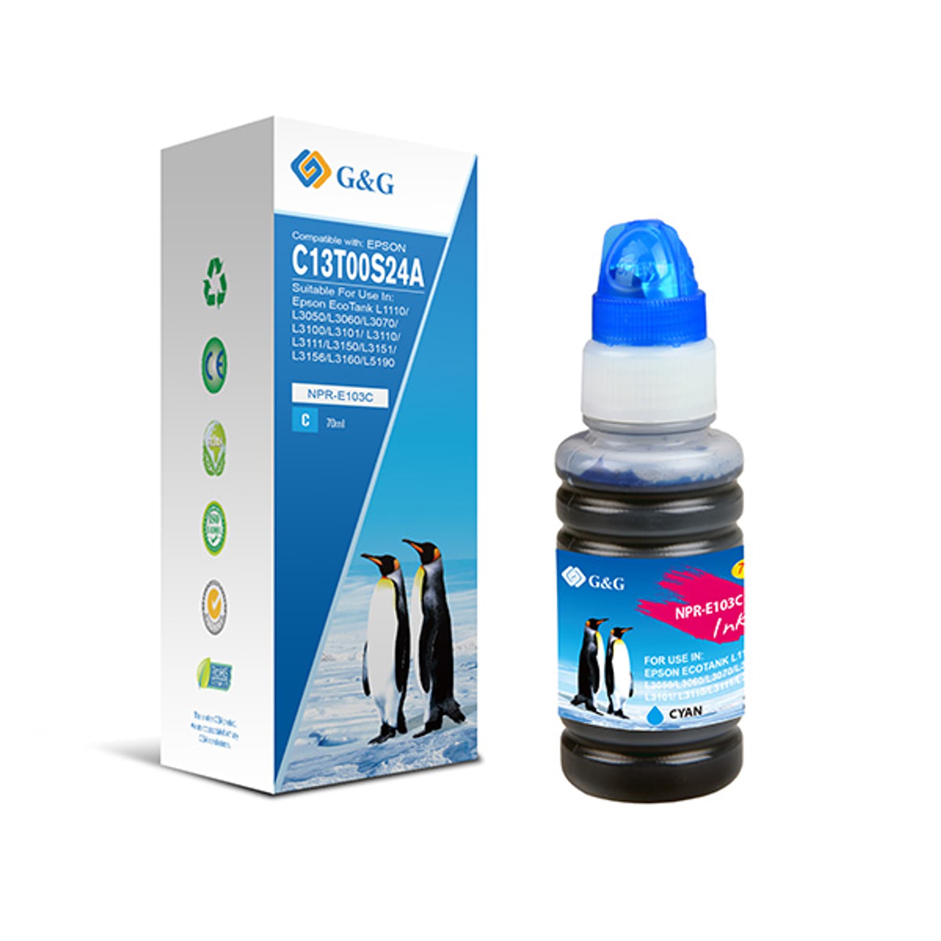 

G&G kompatybilny ink / tusz z C13T00S24A, cyan, NPR-E103C-70ml-B, dla Epson EcoTank L3151, L3150, L3111, L3110