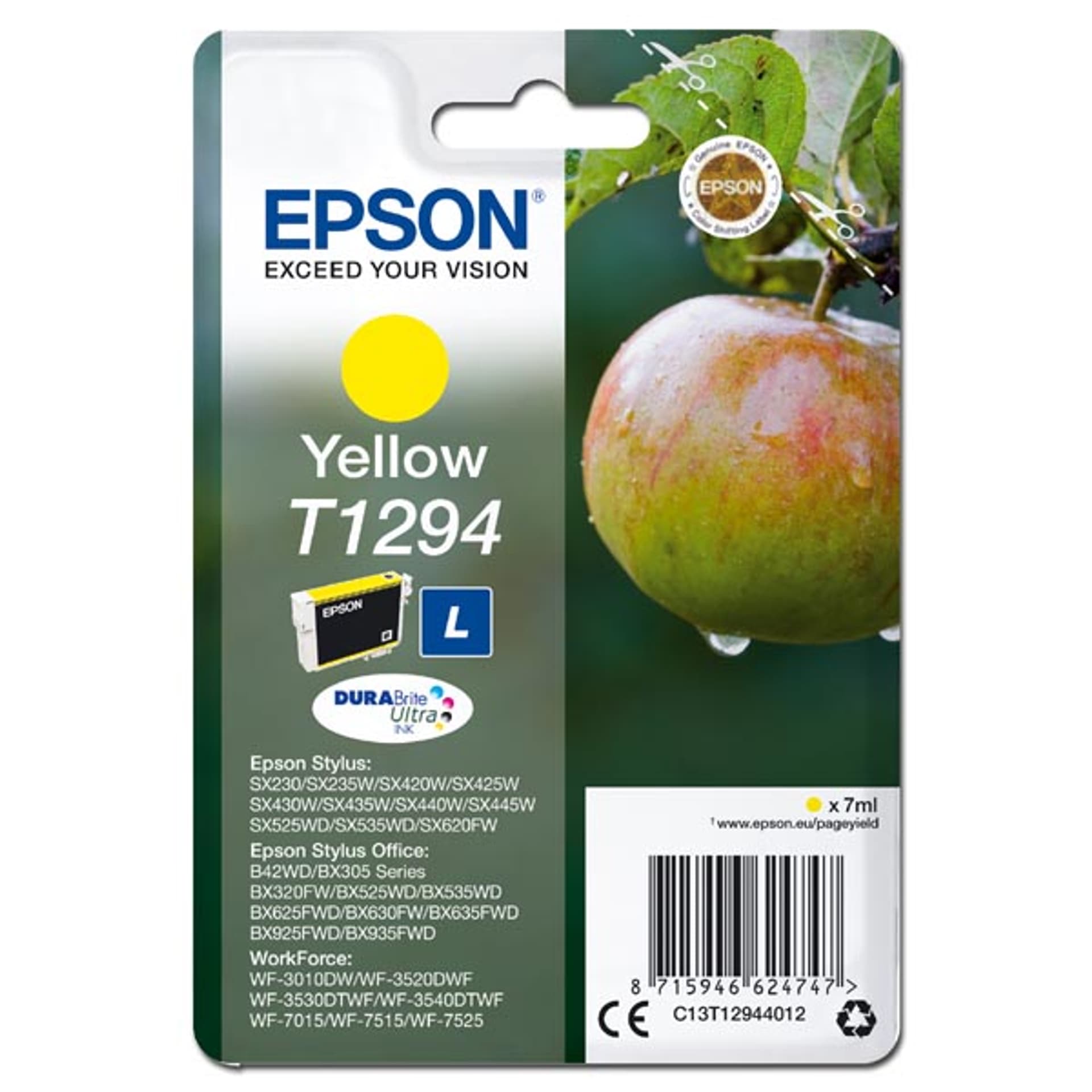 

Epson oryginalny ink / tusz C13T12944012, T1294, yellow, 485s, 7ml, Epson Stylus SX420W, 425W, Stylus Office BX305F, 320FW