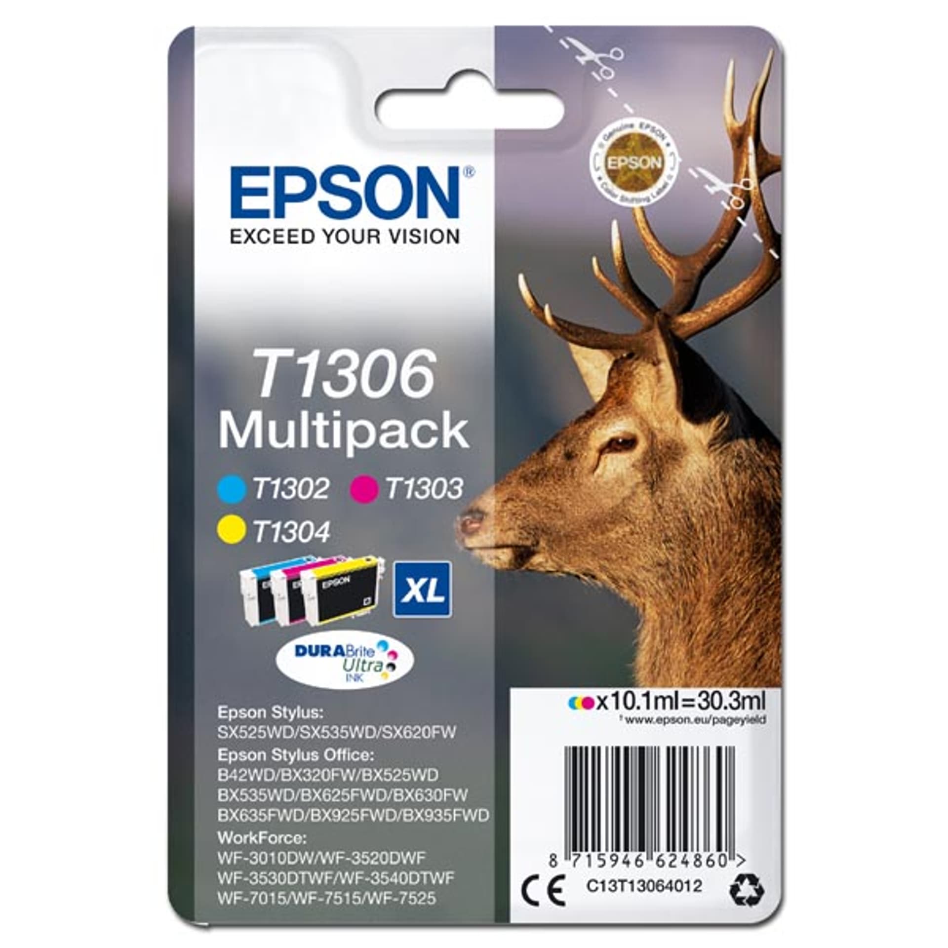 

Epson oryginalny ink / tusz C13T13064012, T1306, cyan/magenta/yellow, 30,3ml, Epson Stylus Office BX320FW