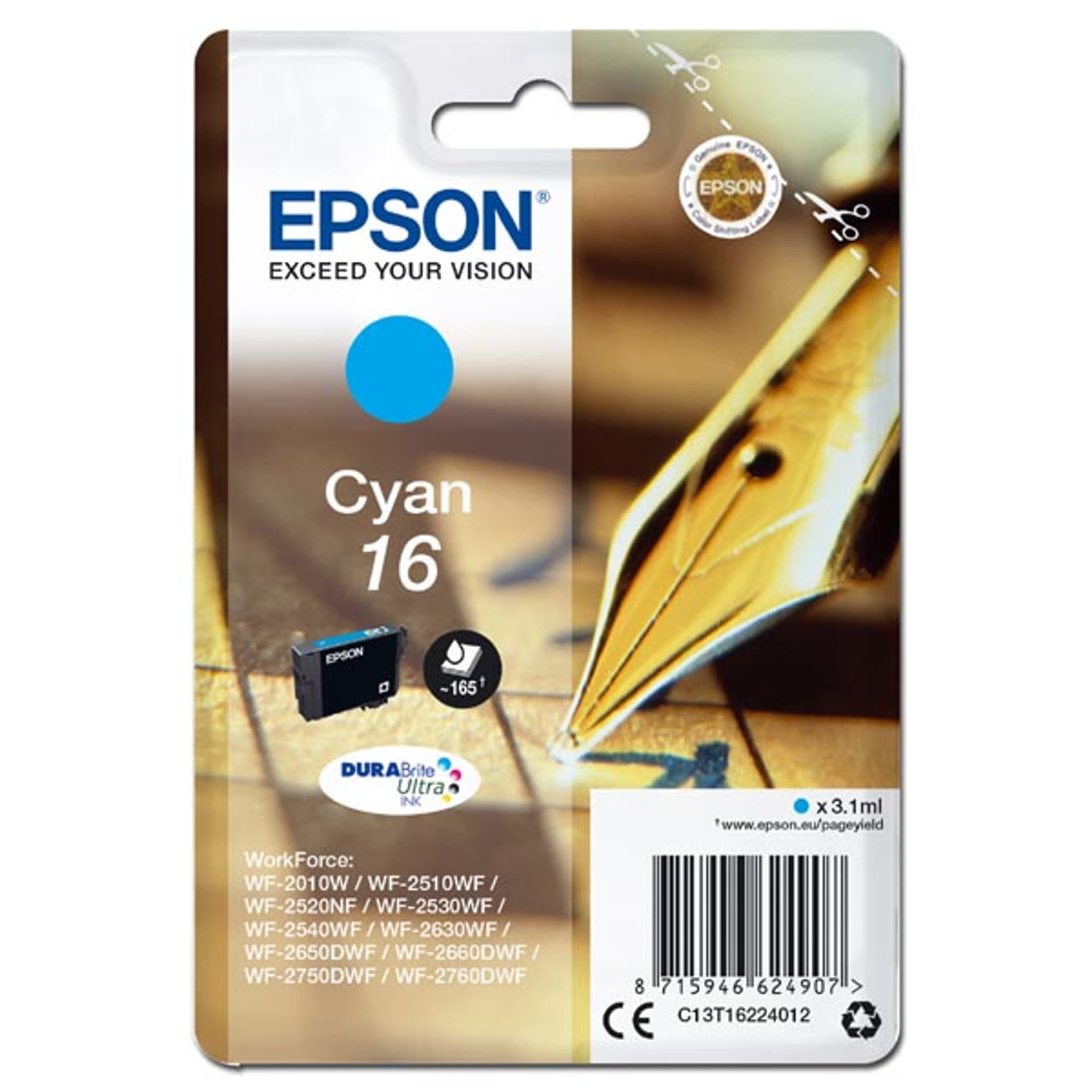 

Epson oryginalny ink / tusz C13T16224012, T162240, cyan, 3.1ml, Epson WorkForce WF-2540WF, WF-2530WF, WF-2520NF, WF-2010