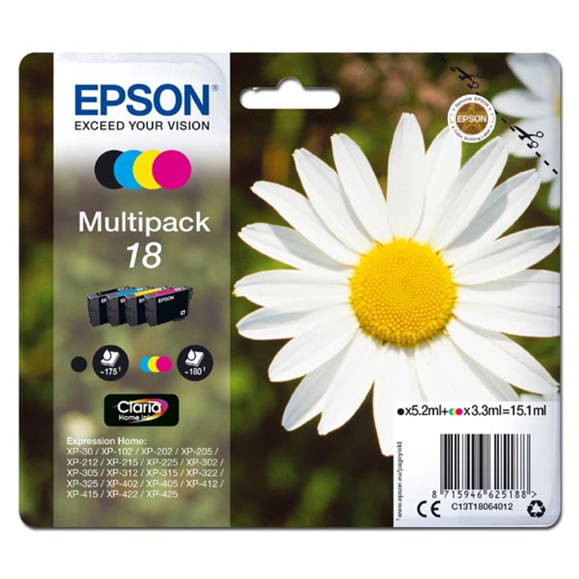 

Epson oryginalny ink / tusz C13T18064012, T180640, CMYK, 3x3,3/5,2ml, Epson Expression Home XP-102, XP-402, XP-405, XP-302