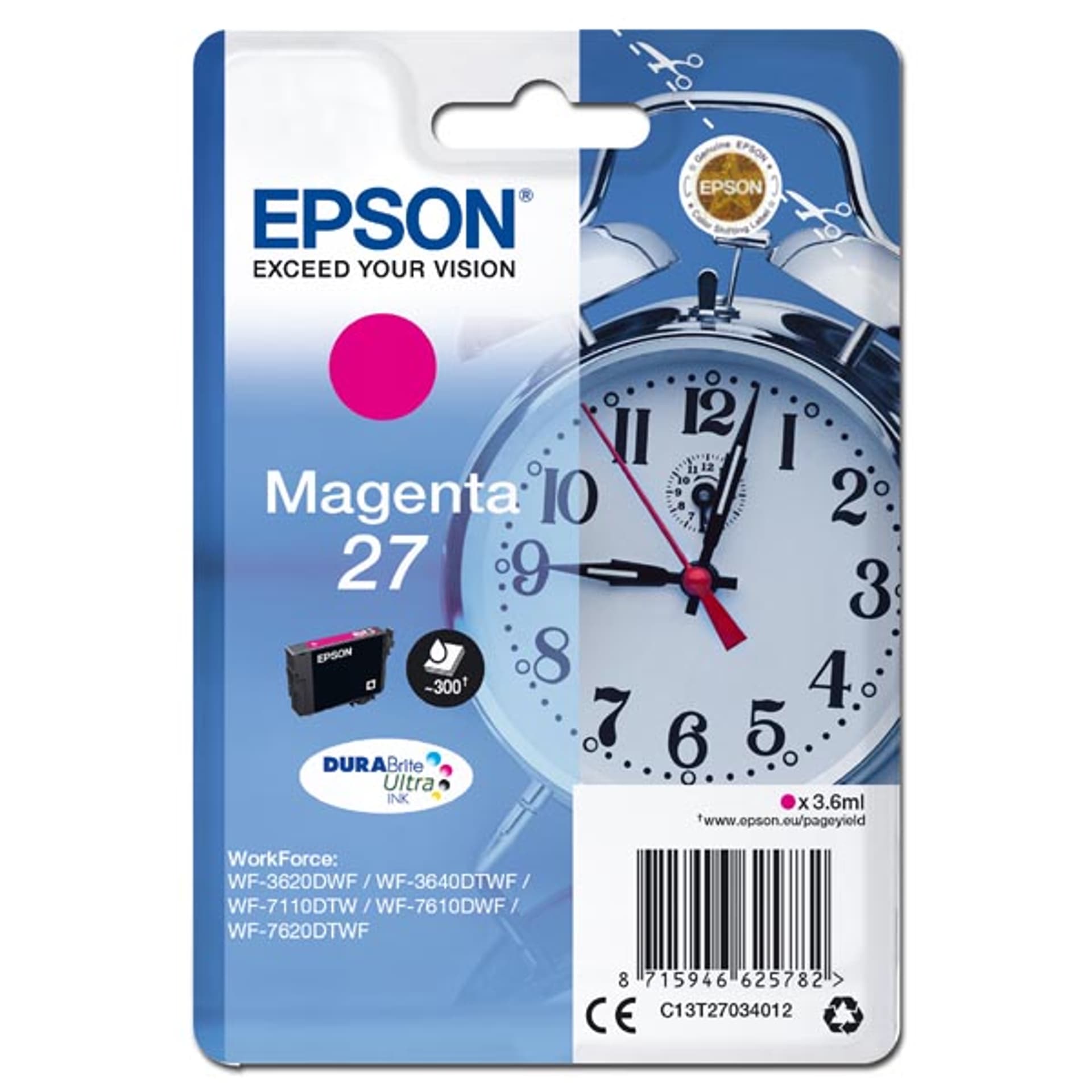 

Epson oryginalny ink / tusz C13T27034012, 27, magenta, 3,6ml, Epson WF-3620, 3640, 7110, 7610, 7620