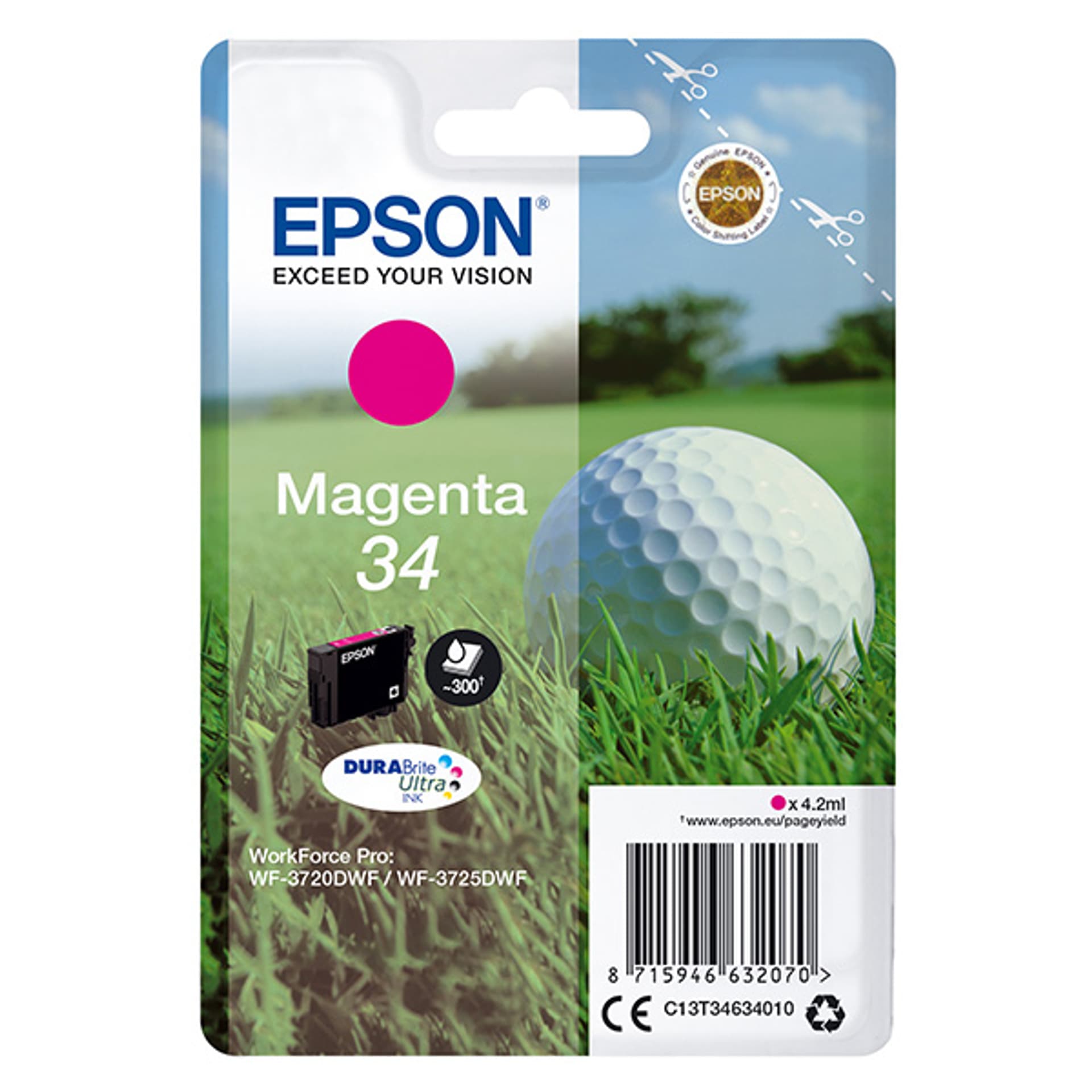 

Epson oryginalny ink / tusz C13T34634020, T346340, magenta, z zabezpieczeniem, 4.2ml, Epson WF-3720DWF, 3725DWF