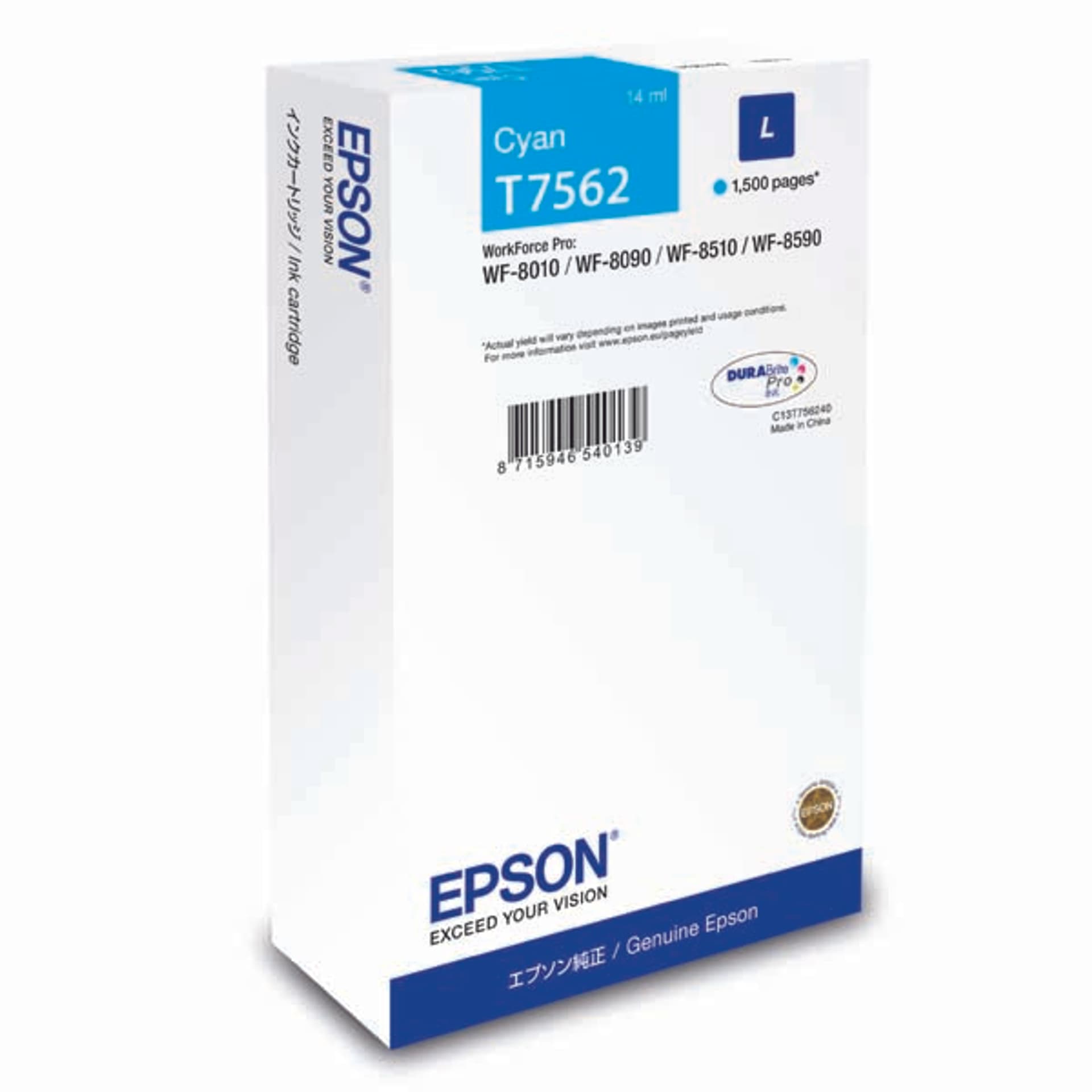 

Epson oryginalny ink / tusz C13T756240, T7562, L, cyan, 1500s, 14ml, 1szt, Epson WorkForce Pro WF-8590DWF