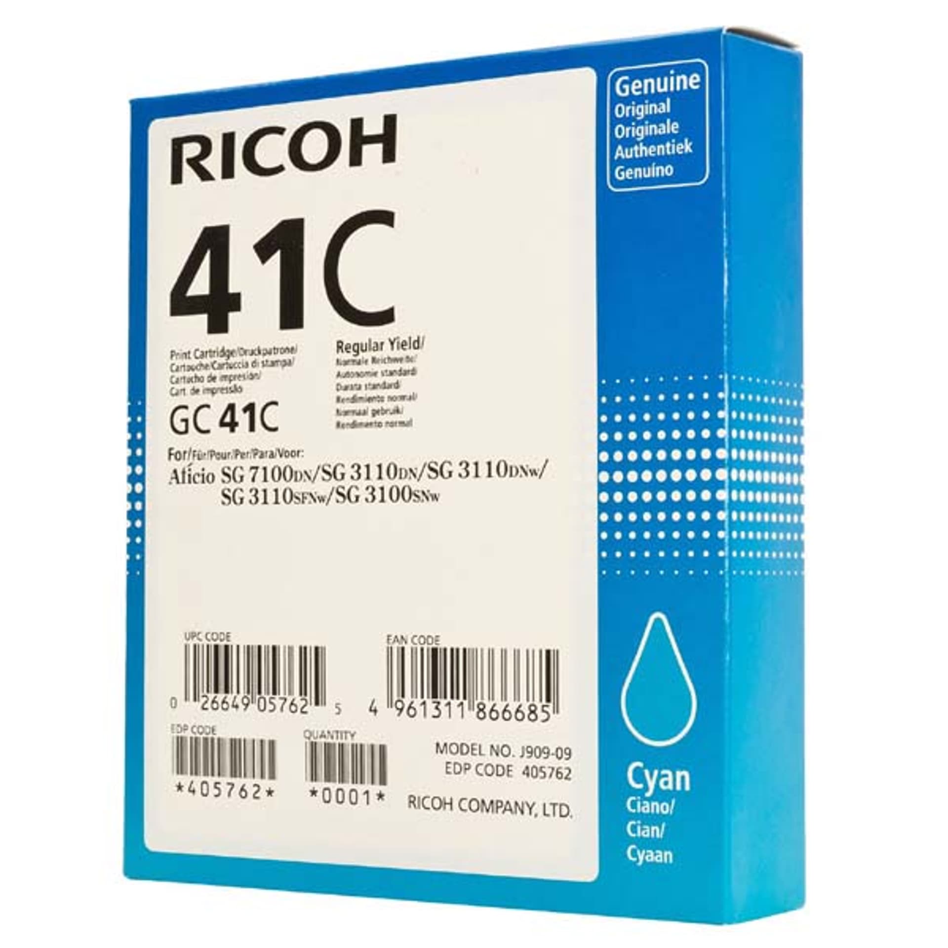 

Ricoh oryginalny wkład żelowy 405762, cyan, 2200s, GC41HC, Ricoh AFICIO SG 2110N, 3110DN, 3110DNW