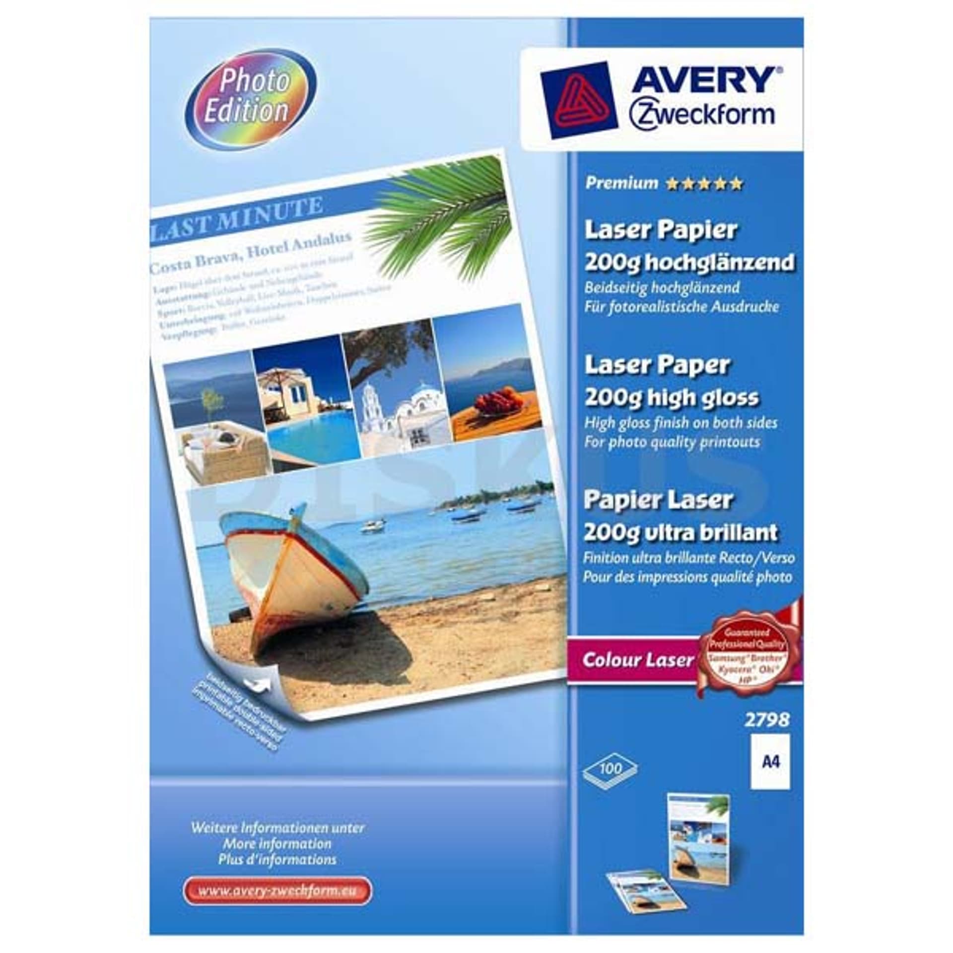 

Avery Zweckform Laser Papier Premium, 2798, foto papier, wysoki połysk, biały, A4, 200 g/m2, 100 szt., laser