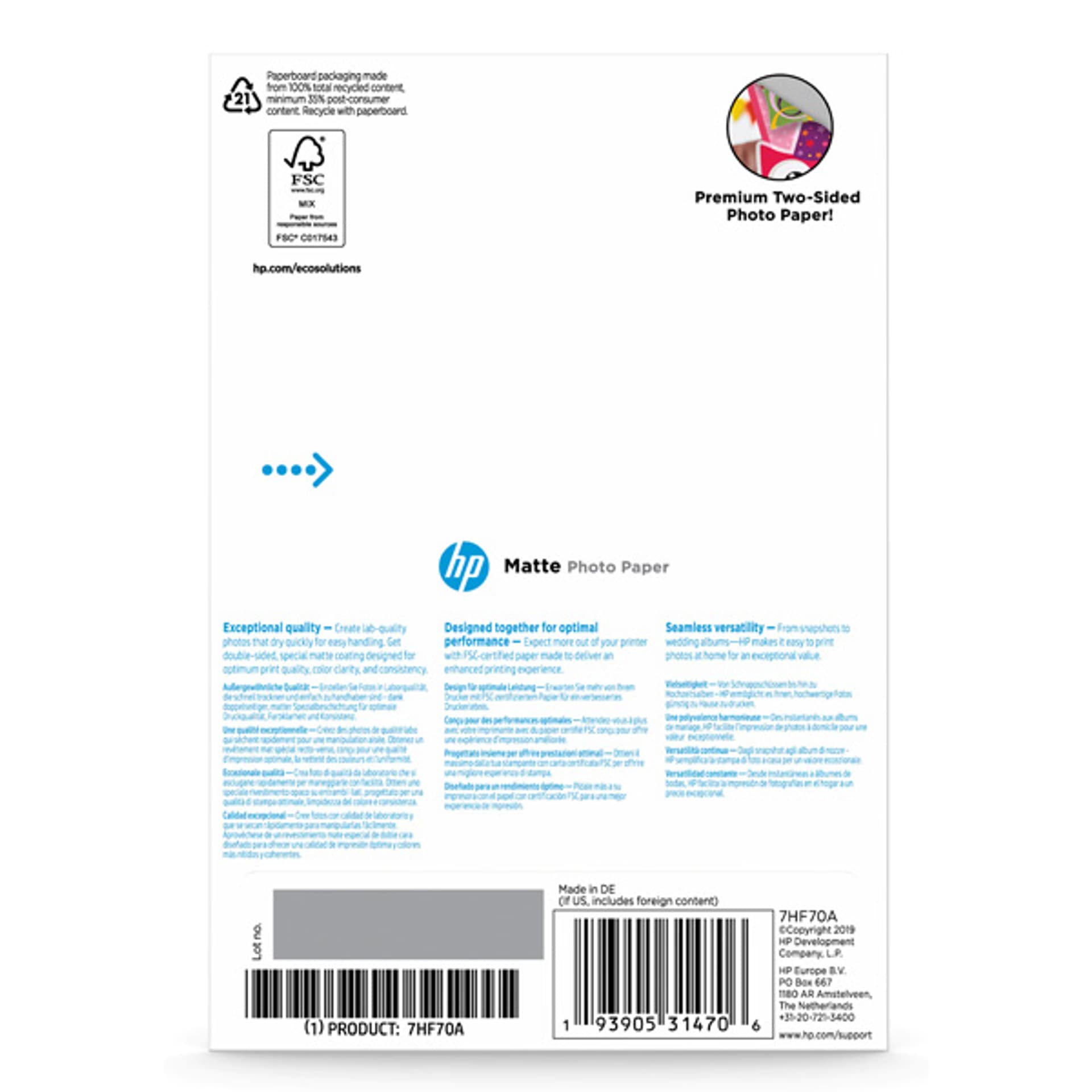 

HP Matte FSC, 7HF70A, papier, matowy, biały, 180 g/m2, szt.