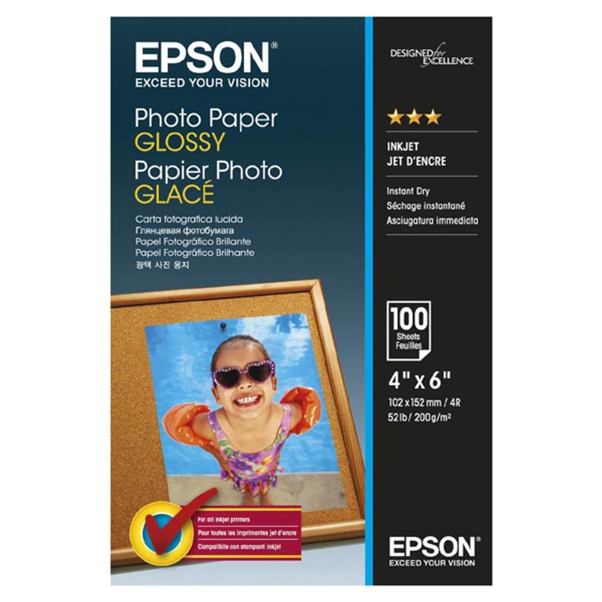 

Epson Photo Paper, C13S042548, foto papier, połysk, biały, 10x15cm, 4x6", 200 g/m2, 100 szt., atrament