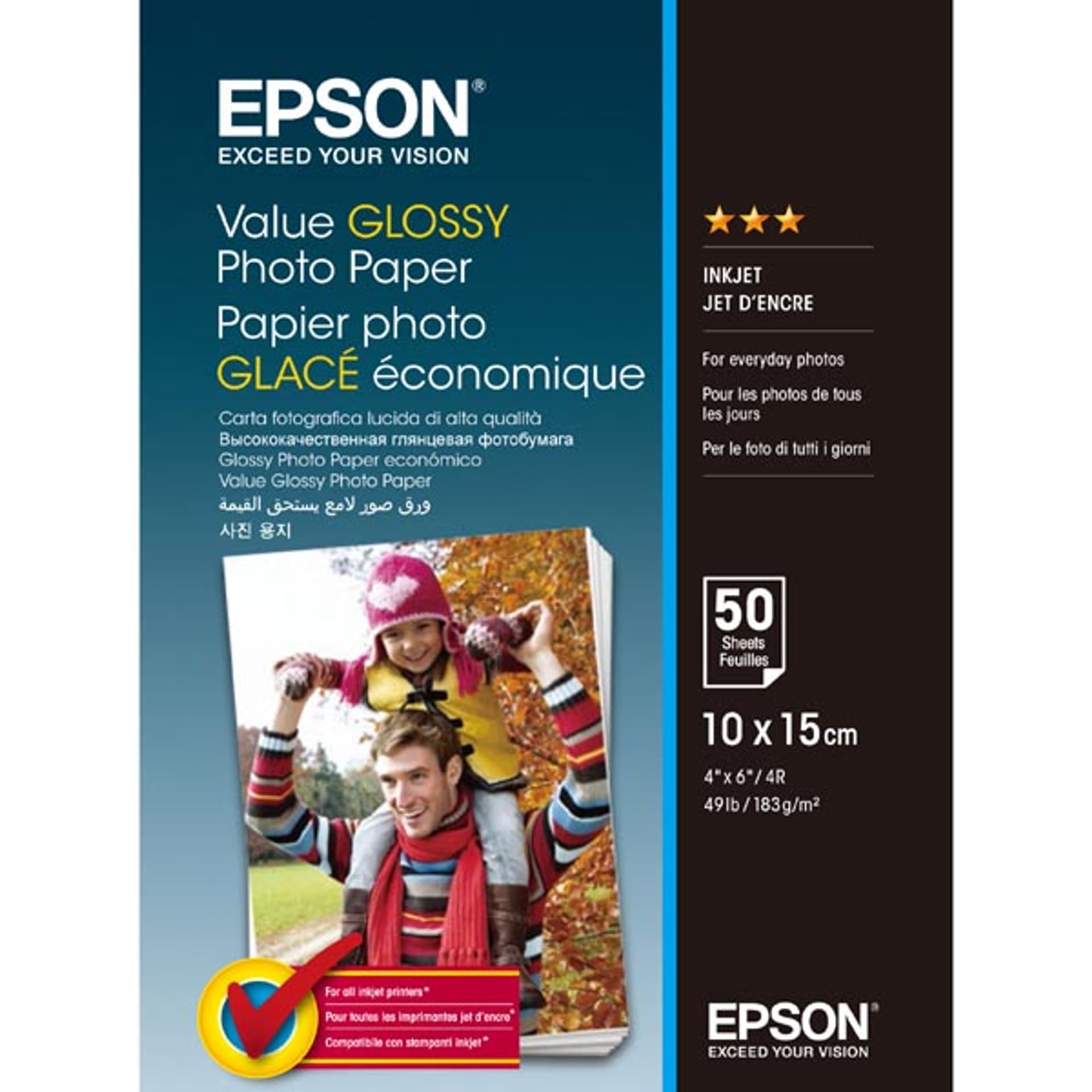 

Epson Value Glossy Photo Paper, C13S400038, foto papier, połysk, biały, 10x15cm, 183 g/m2, 50 szt., atrament