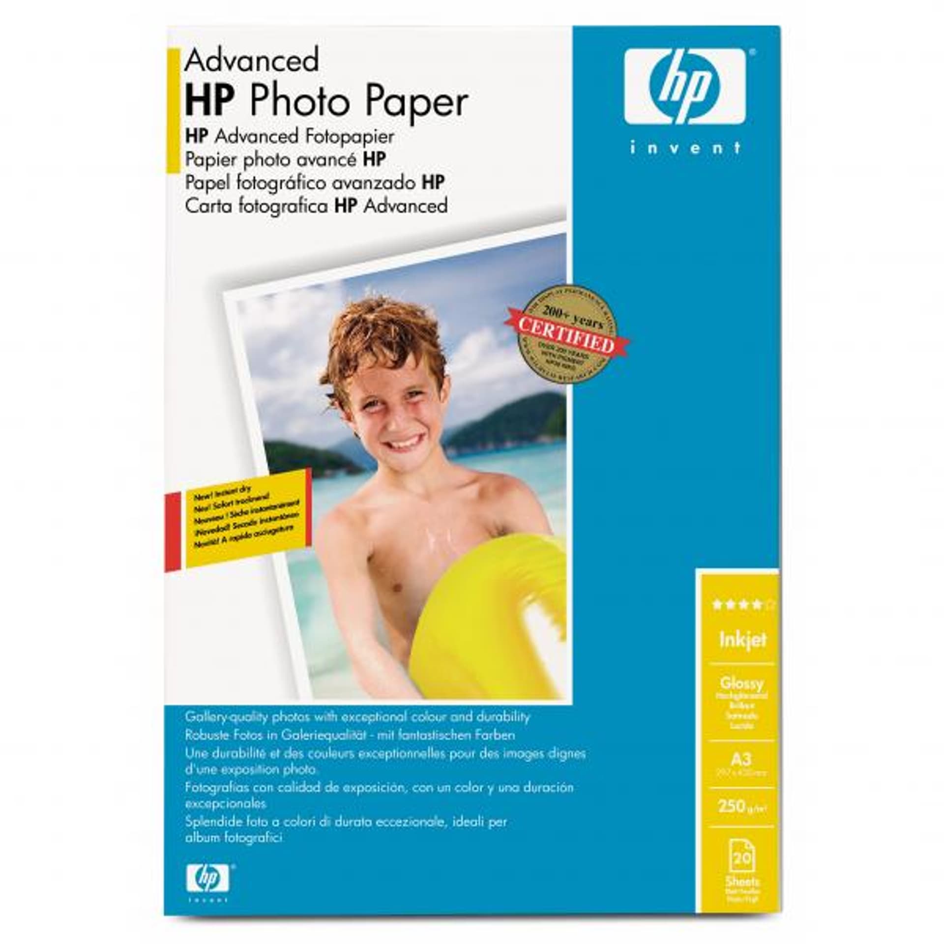 

HP Advanced Glossy Photo Pa, Q8697A, foto papier, połysk, zaawansowany typ biały, A3, 250 g/m2, 20 szt., atrament