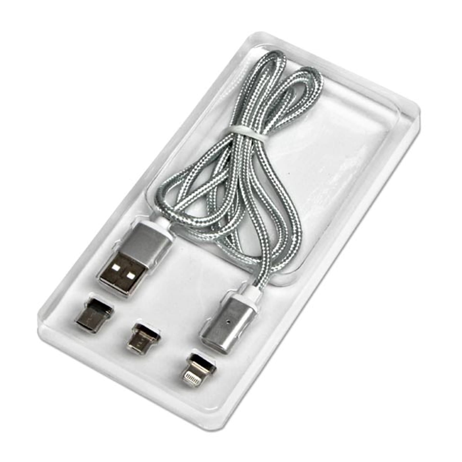 

Kabel USB z zestawem końcówek (2.0), USB A M - microUSB (M) + Apple Lightning (M) + USB C (M), 1m, przewód okrągły w oplocie, sreb, M)/przewód okrągły w oplocie/sre