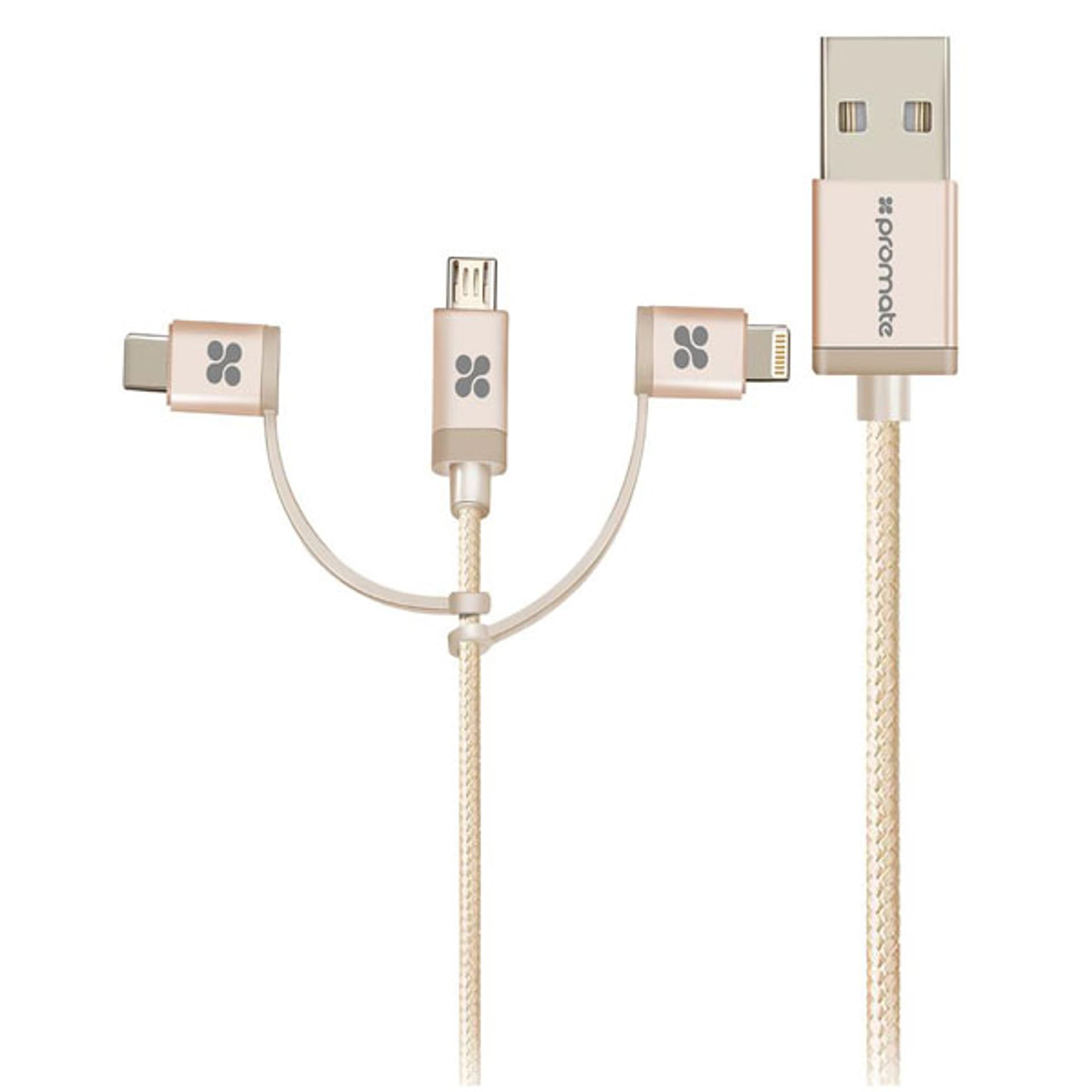 

Promate USB kabel (2.0), USB A M - microUSB (M) + Apple Lightning (M) + USB C (M), .2m, okrągły, złoty, Oplot, Trio, M)/okrągły/złoty/oplot/tri