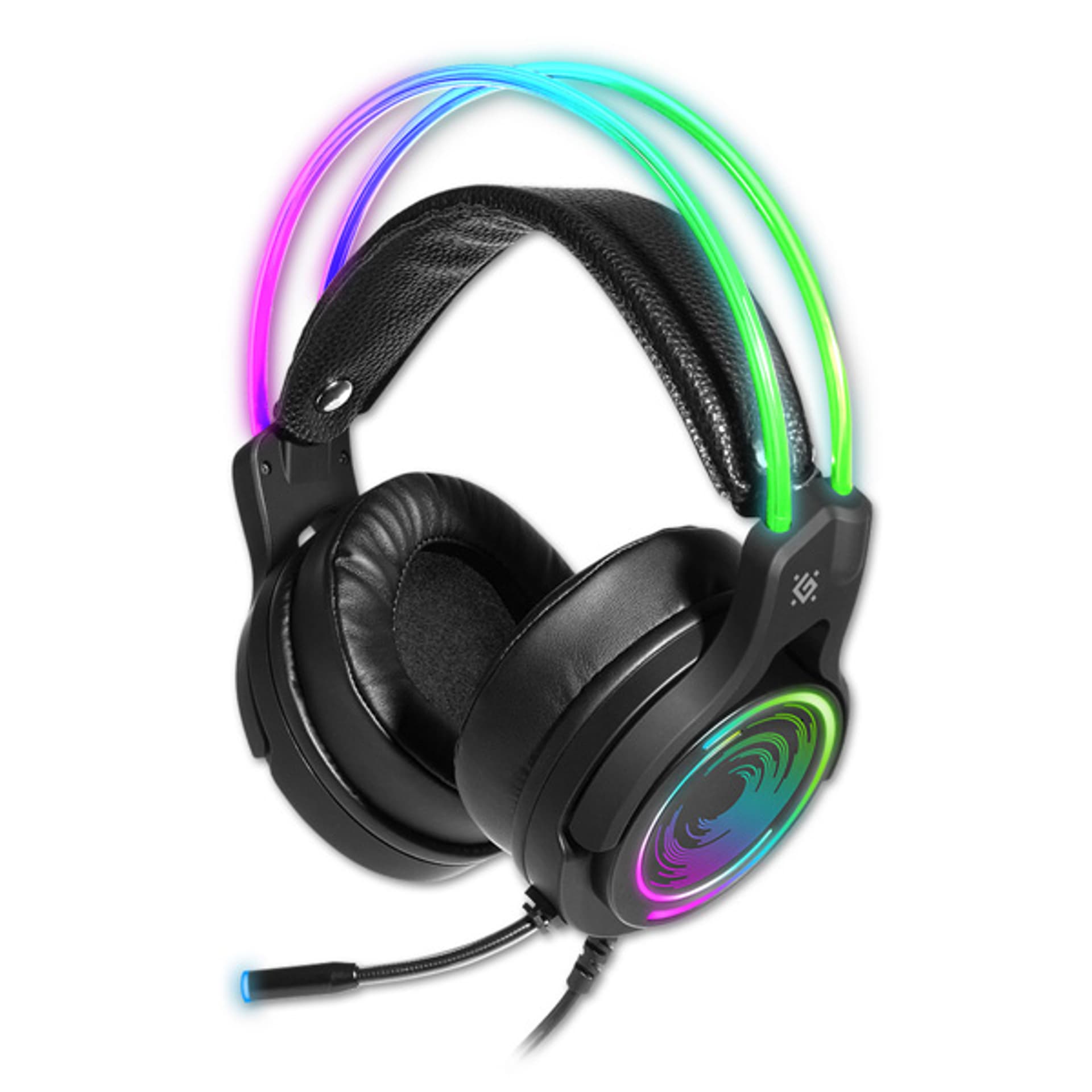 

Defender Cosmo Pro RGB, Gaming Headset, słuchawki z mikrofonem, regulacja głośności, czarna, 7.1 (virtual), 50 mm przetworniki typ, Virtual)/50 mm przetworniki ty