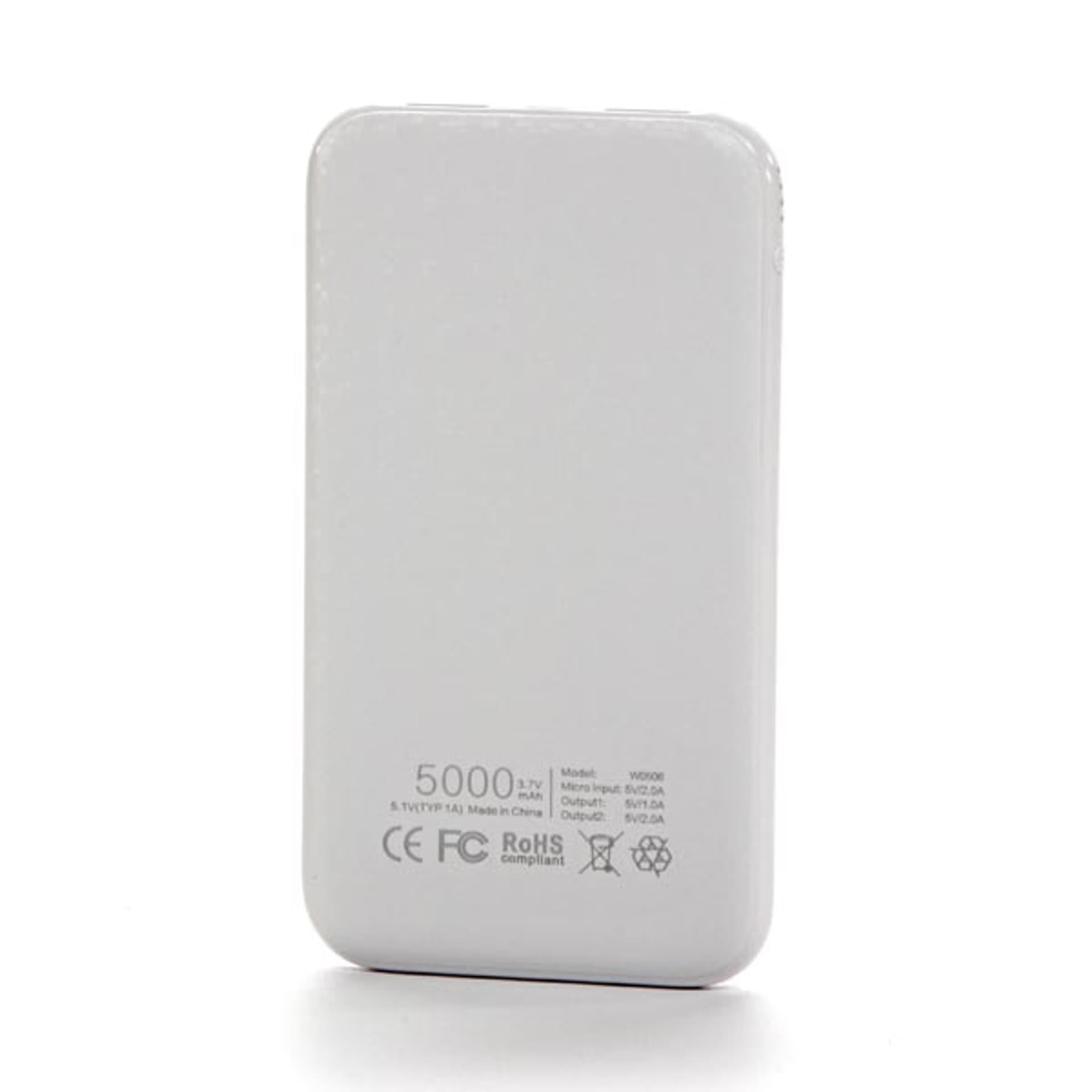 

Powerbank, Li-ion, 5V, 5000mAh, do ładowania telefonów i innych urządzeń, 2 złącza, biała