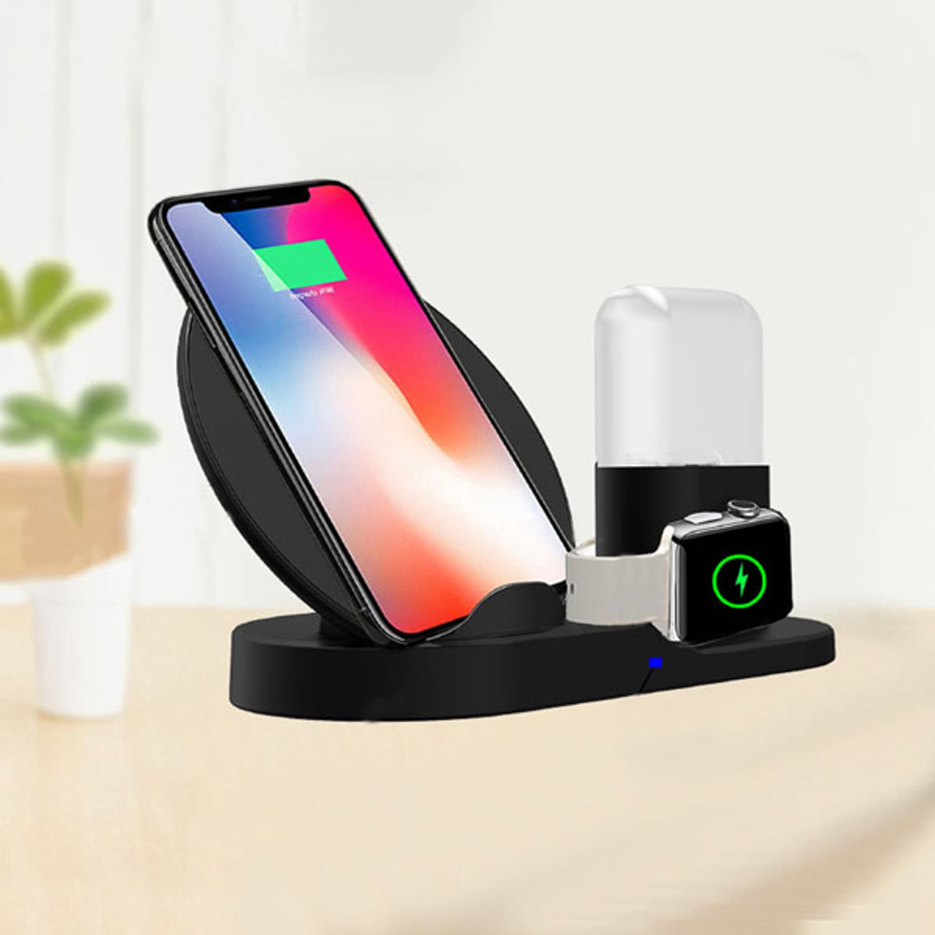 

Bezprzewodowa ładowarka 3v1, do telefonów, Apple Watch, czarna, 5/9V, 15W, Qi