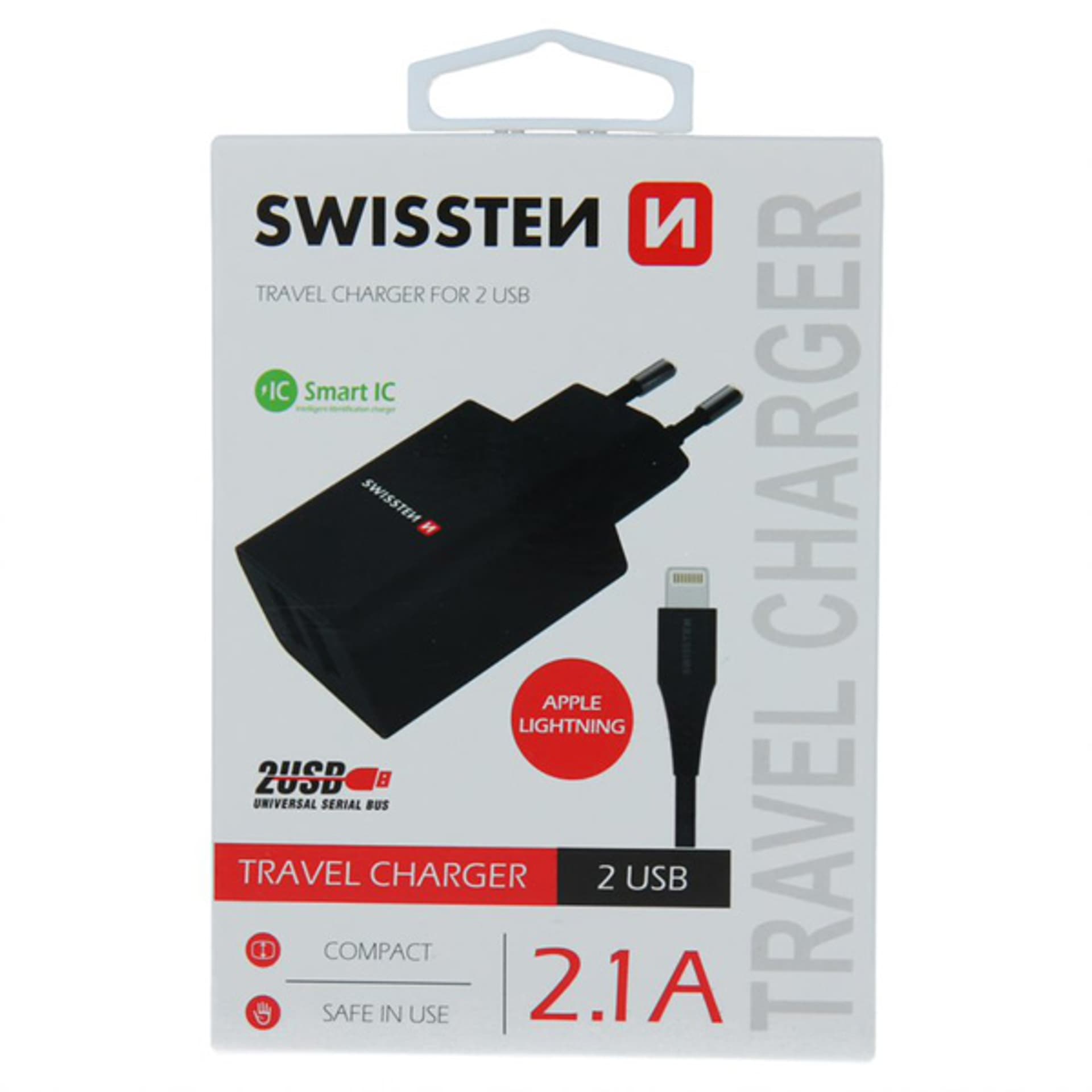 

SWISSTEN Zasilacz / sieciowy adapter 10W, 2-portowy, USB-A, kabel Lightning Mfi, Smart IC