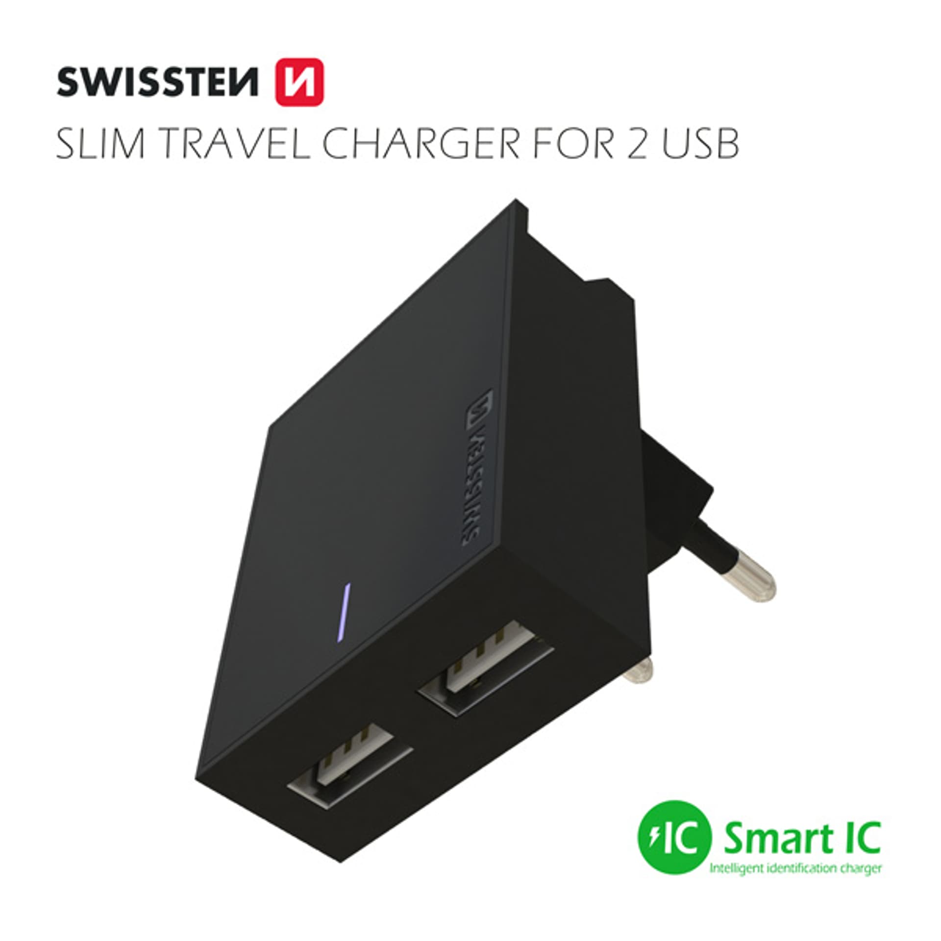 

SWISSTEN Zasilacz / sieciowy adapter 15W, 2-portowy, USB-A, kabel Lightning Mfi, Smart IC, stojak na telefon