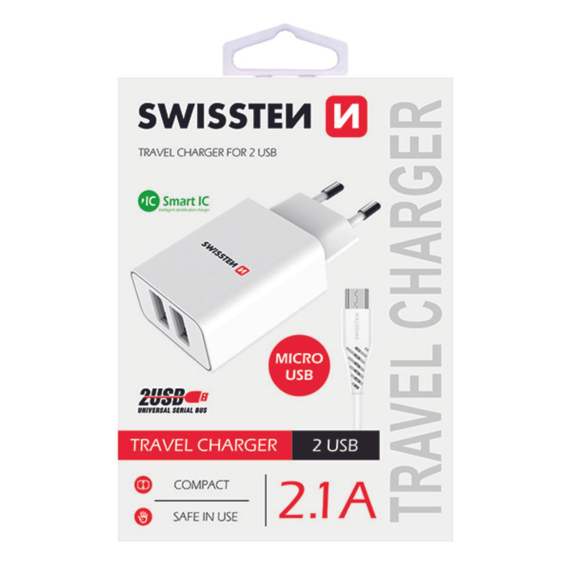 

SWISSTEN Zasilacz / sieciowy adapter 10W, 2-portowy, USB-A, kabel microUSB, Smart IC