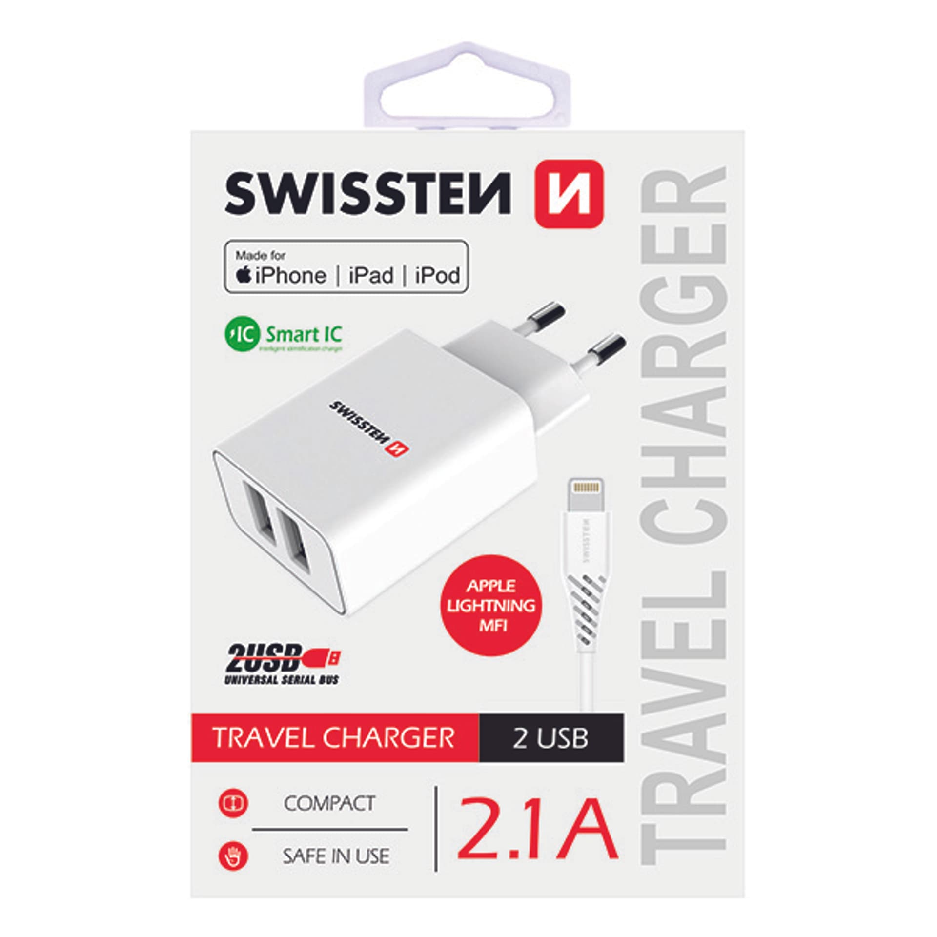 

SWISSTEN Zasilacz / sieciowy adapter 10W, 2-portowy, USB-A, kabel Lightning Mfi, Smart IC