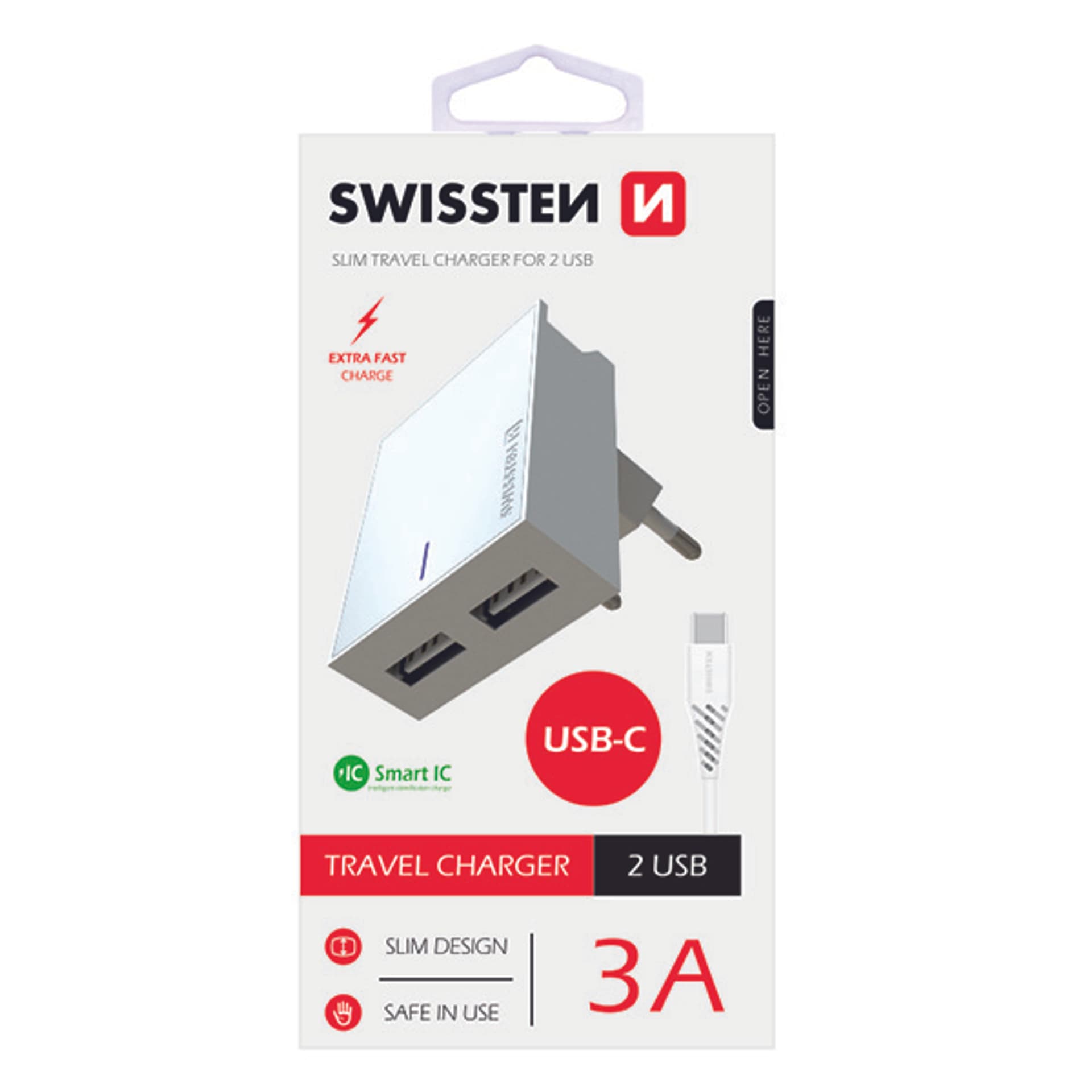 

SWISSTEN Zasilacz / sieciowy adapter 15W, 2-portowy, USB-A, kabel USB-C, podstawka / stojak na telefon