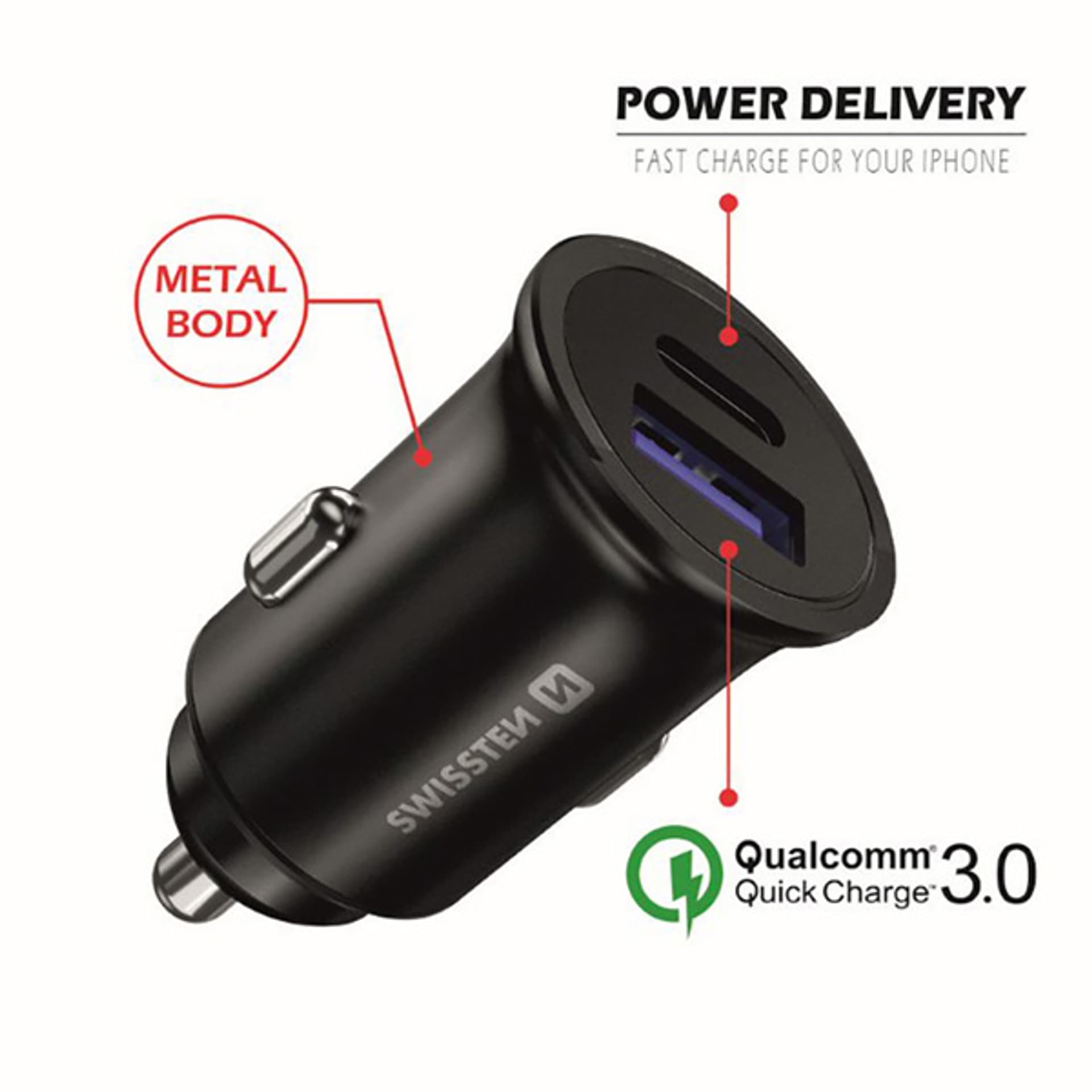 

Ładowarka samochodowa SWISSTEN 36W, 2-portowy, USB-C, USB-A