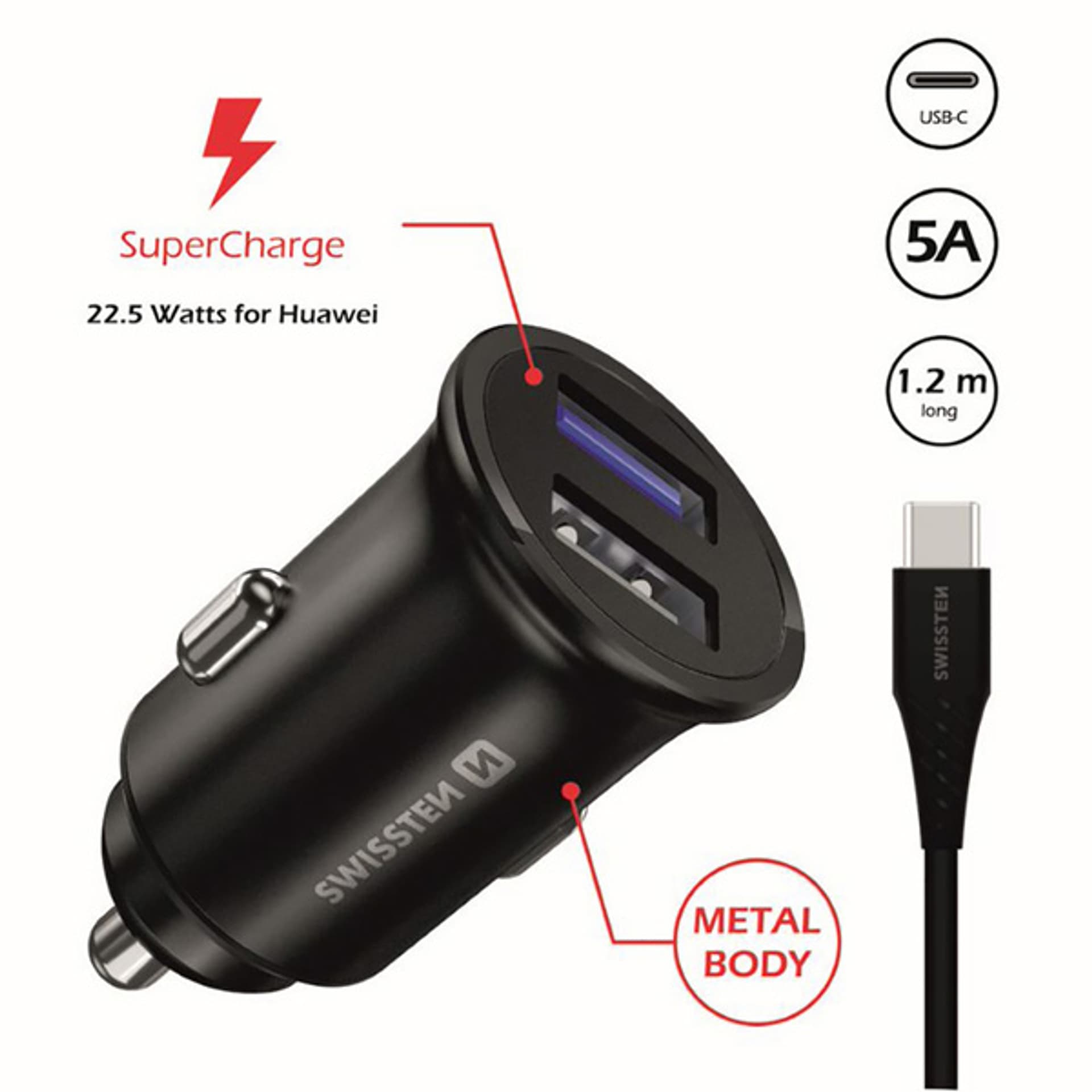 

Ładowarka samochodowa SWISSTEN 32,5W, 2-portowy, USB-A, kabel USB-C, Huawei Supercharge