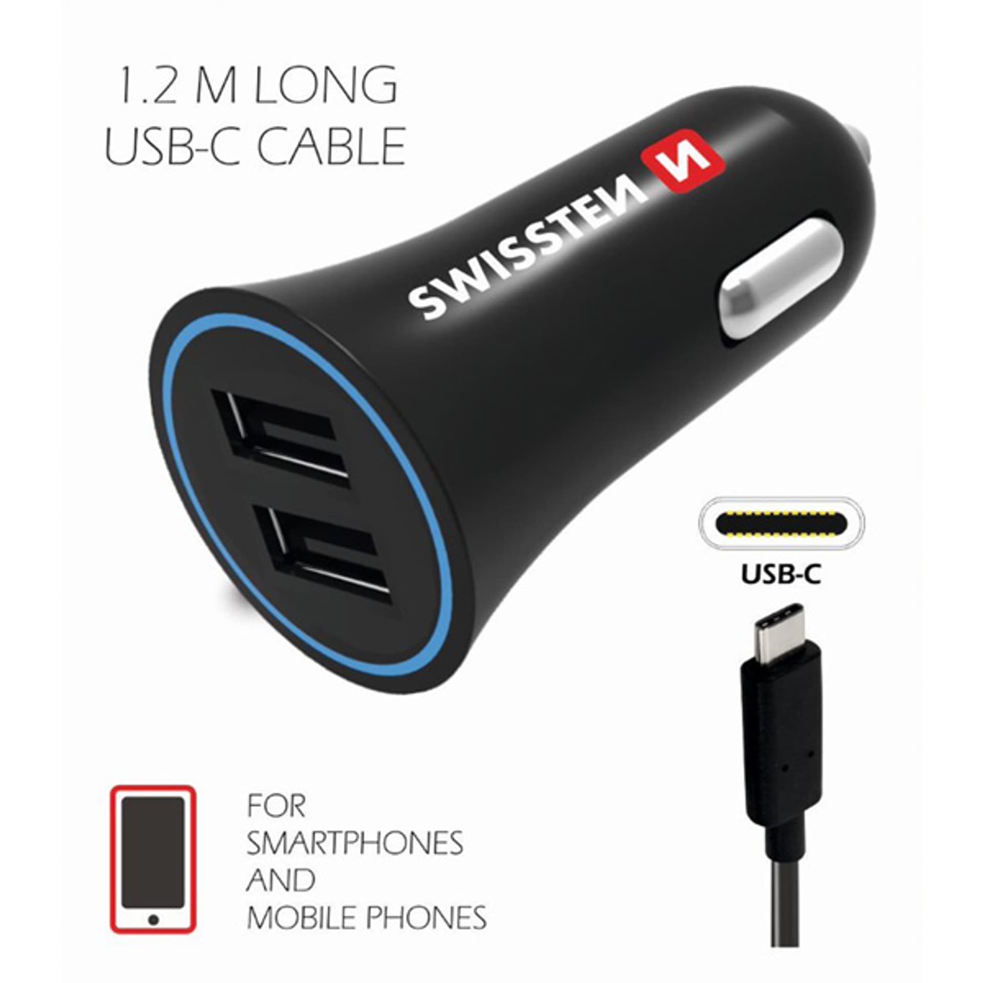 

Ładowarka samochodowa SWISSTEN 12W, 2-portowy, USB-A, kabel USB-C