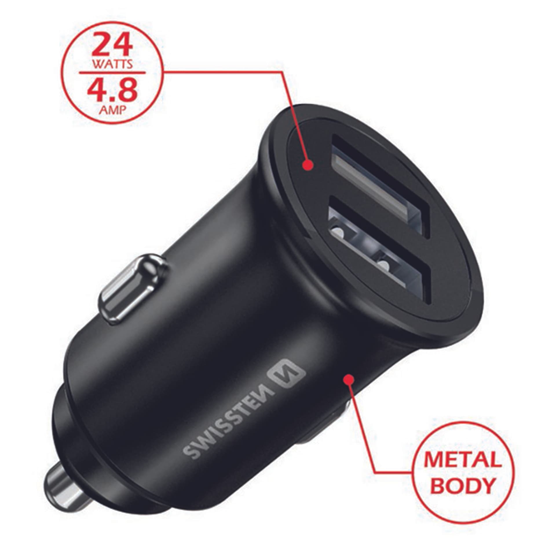 

Ładowarka samochodowa SWISSTEN 24W, 2-portowy, USB-A