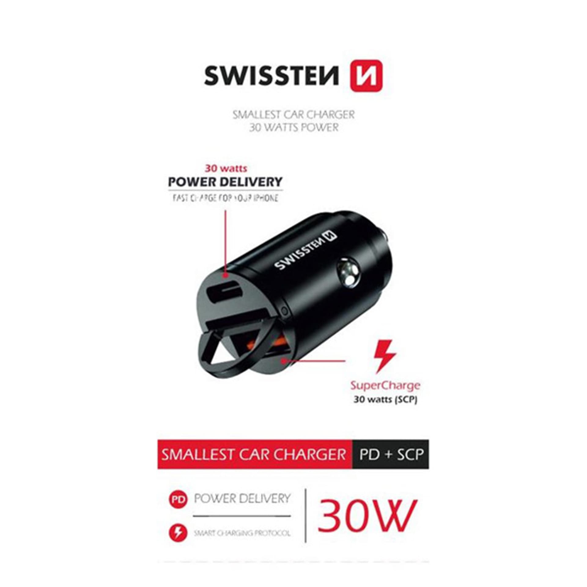 

Ładowarka samochodowa SWISSTEN 30W, 2-portowy, USB-C, USB-A, USB Supercharge
