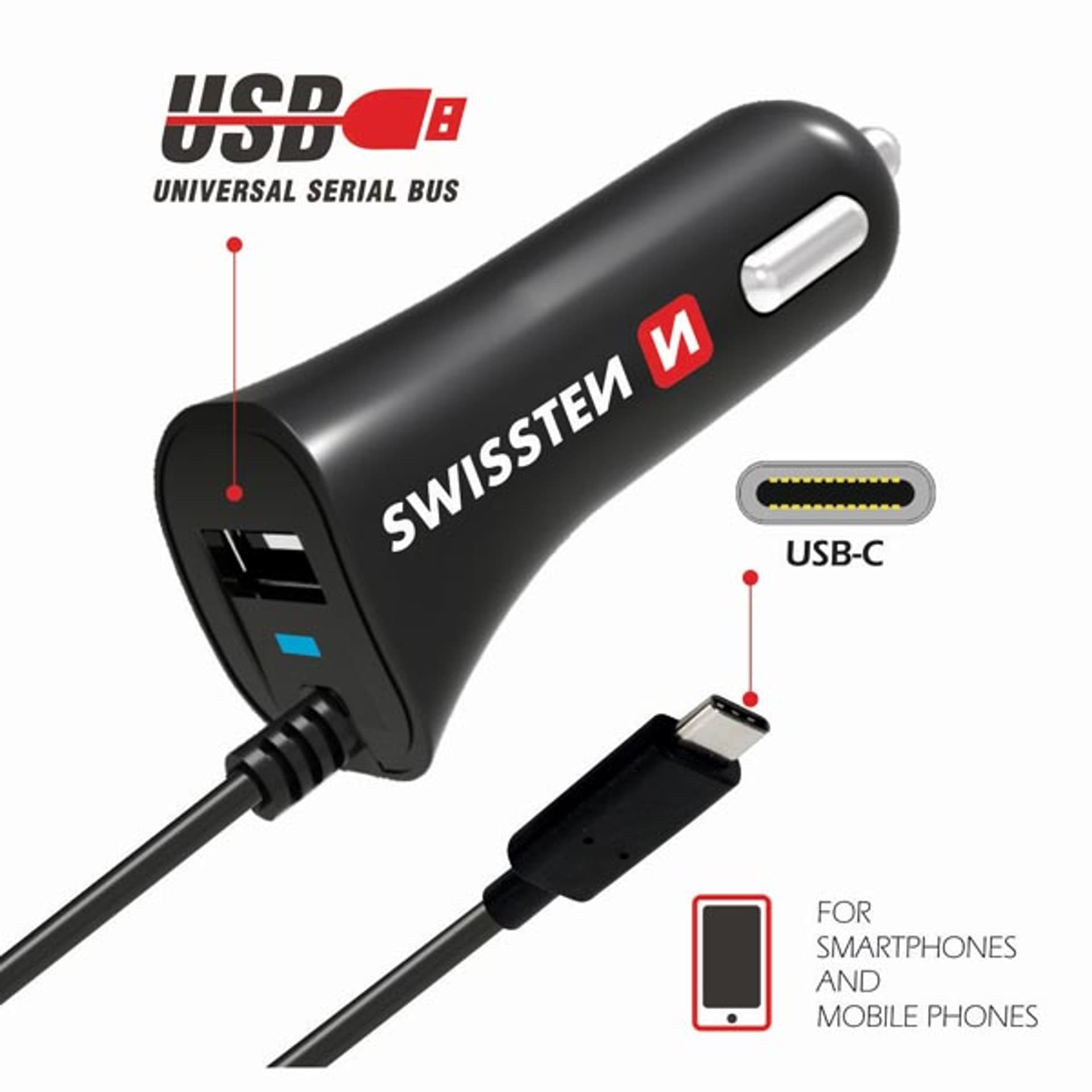 

Ładowarka samochodowa SWISSTEN 12W, 1 port, USB-A, kabel USB-C