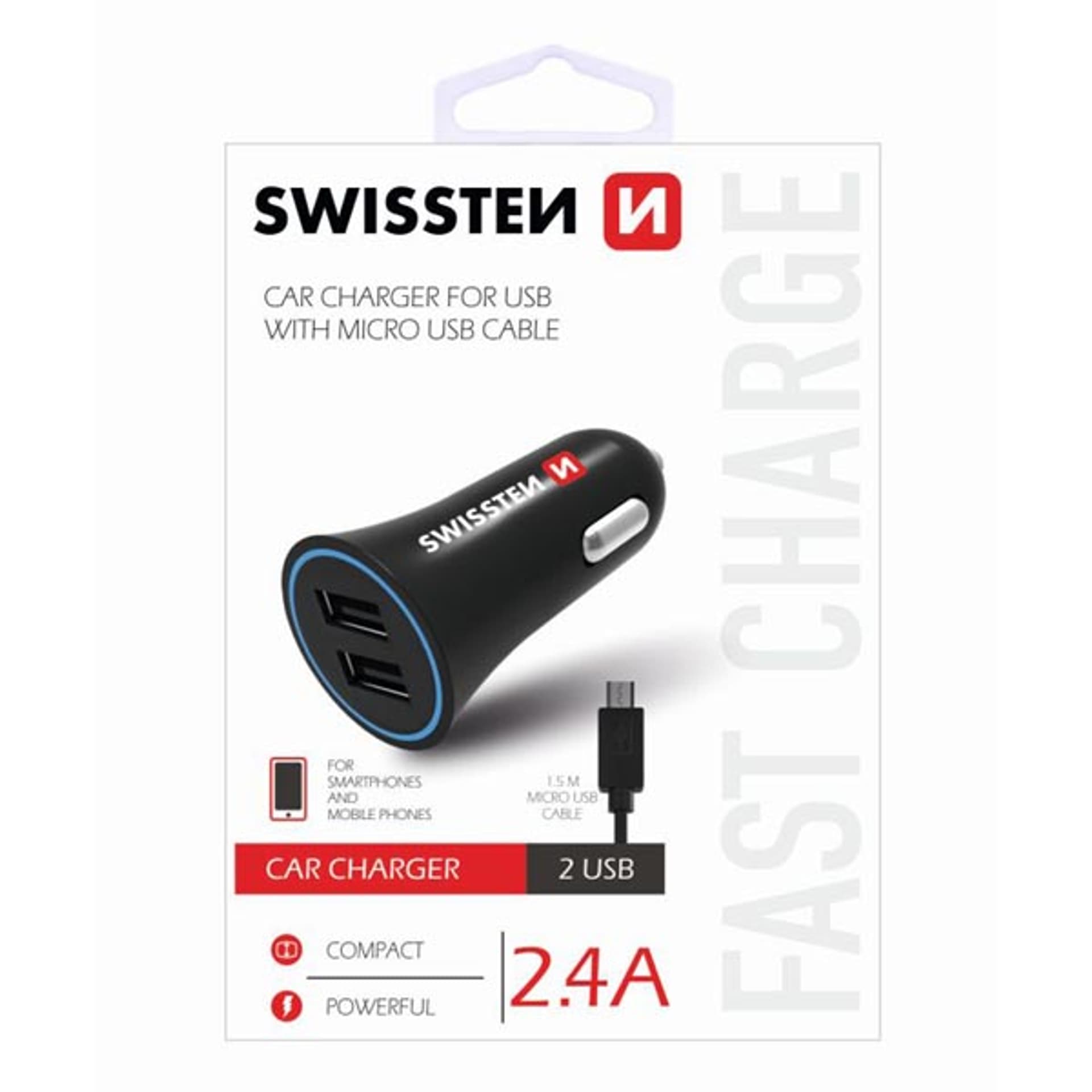 

Ładowarka samochodowa SWISSTEN 12W, 2-portowy, USB-A, kabel microUSB