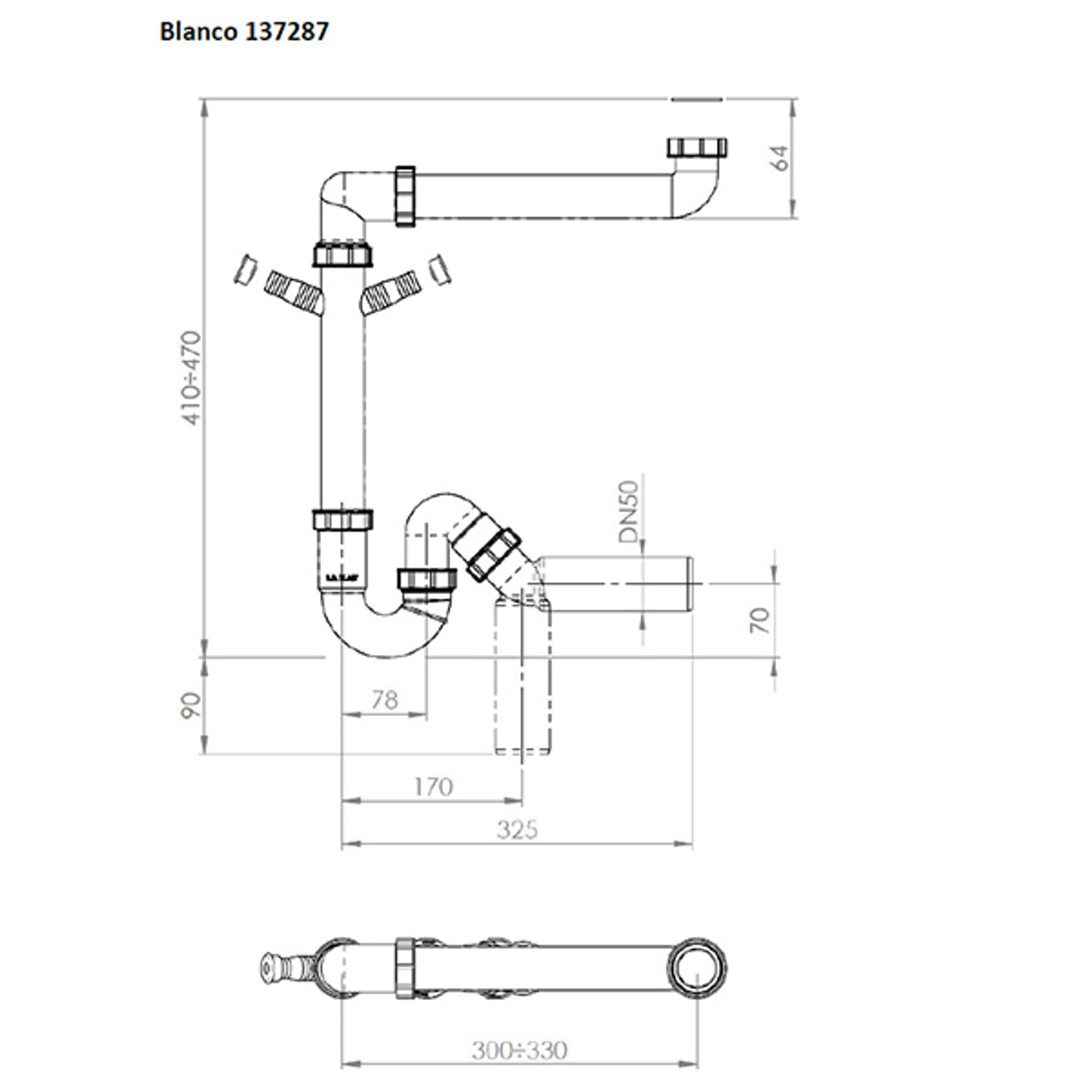 

Blanco Syfon plastikowy do zlewu, 40 nebo 50 mm, 325mm, biały, Specjalny syfon 6/4" płaska konstrukcja