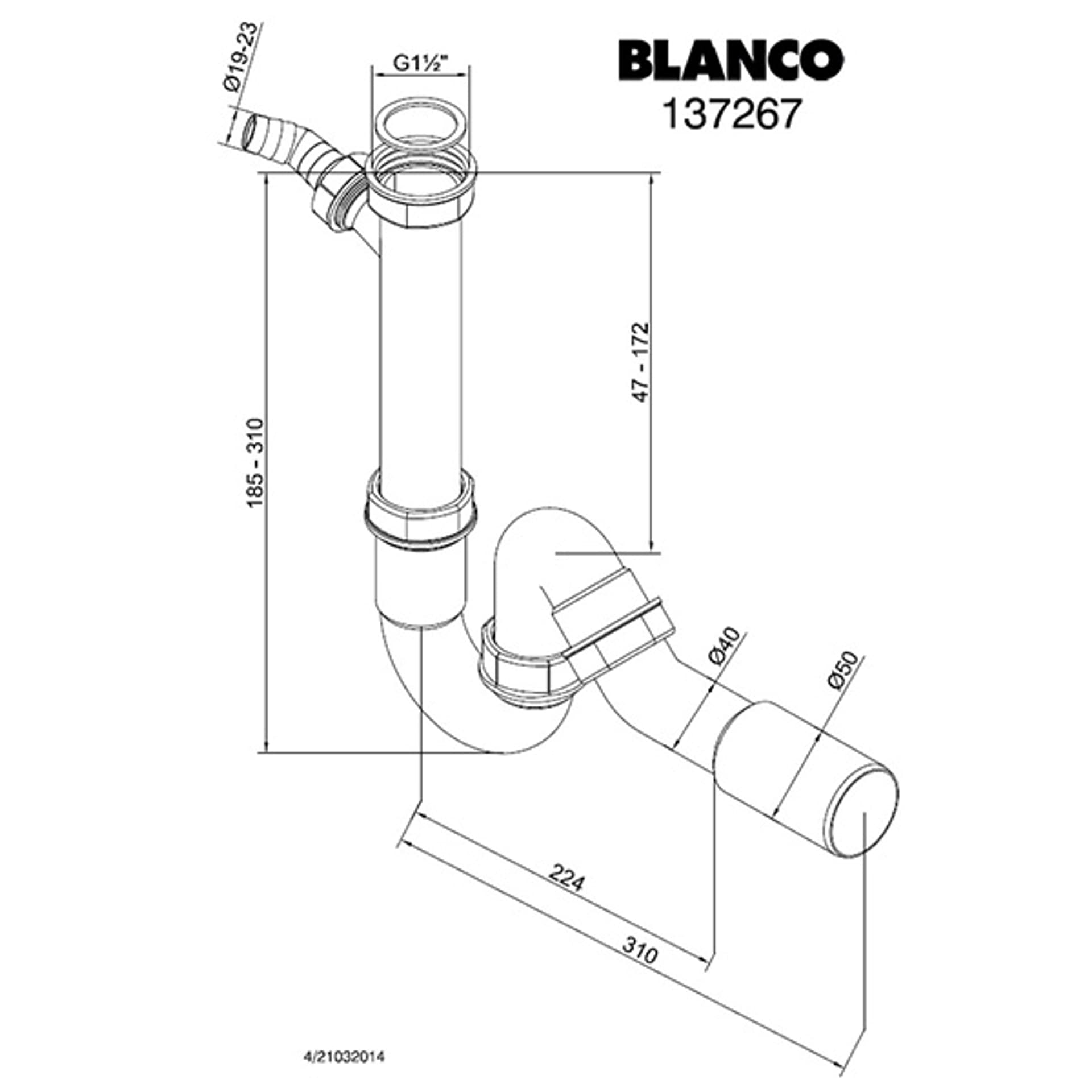 

Blanco Syfon plastikowy do zlewu, 40 nebo 50 mm, 224-310mm, biały, syfon z regulowanym odpływem
