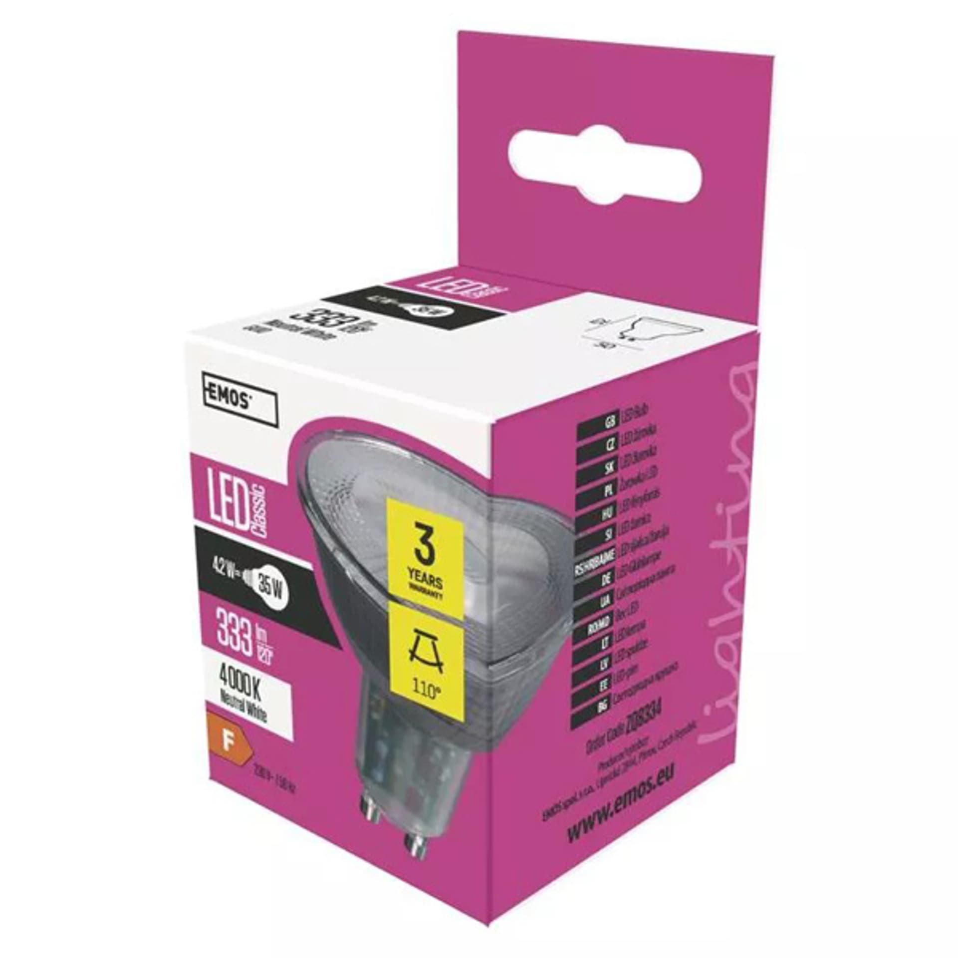 

LED żarówka EMOS Lighting GU10, 220-240V, 4.2W, 333lm, 4000k, neutralna biel, 30000h, Classic MR16 52x50x50mm