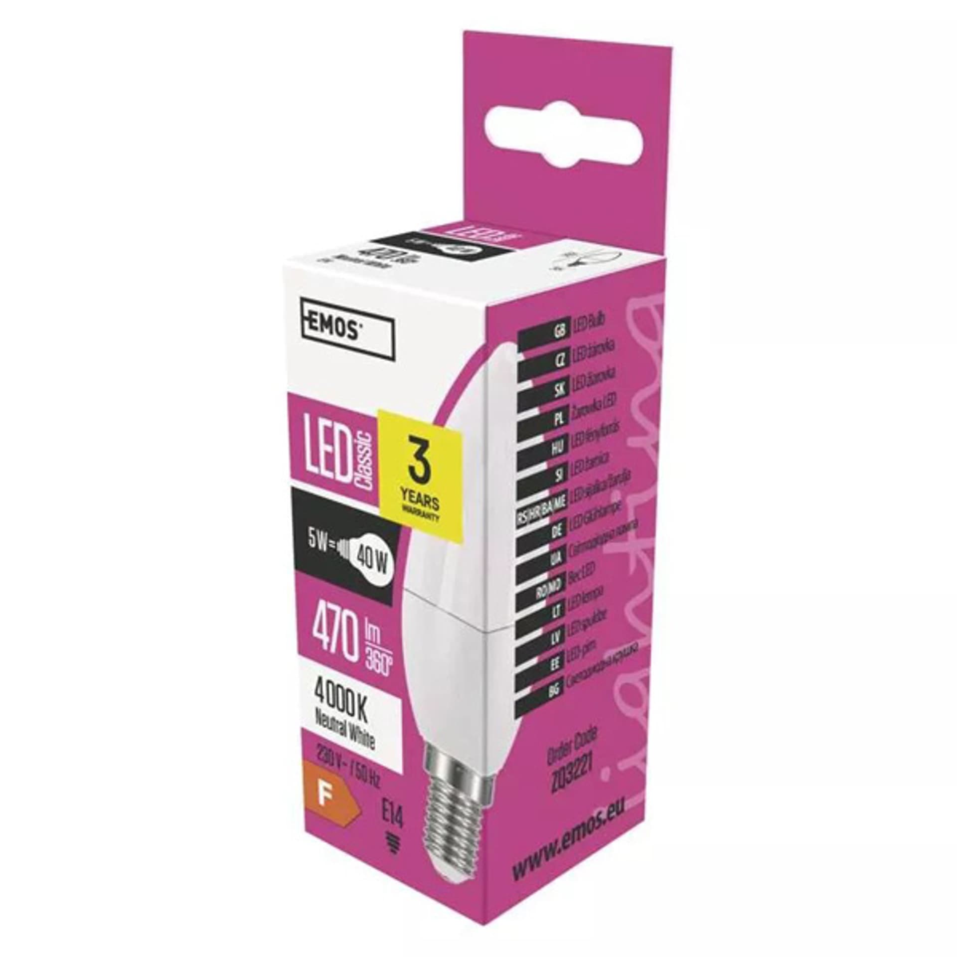 

LED żarówka EMOS Lighting E14, 220-240V, 5W, 470lm, 4000k, neutralna biel, 30000h, Classic Candle 35x102mm