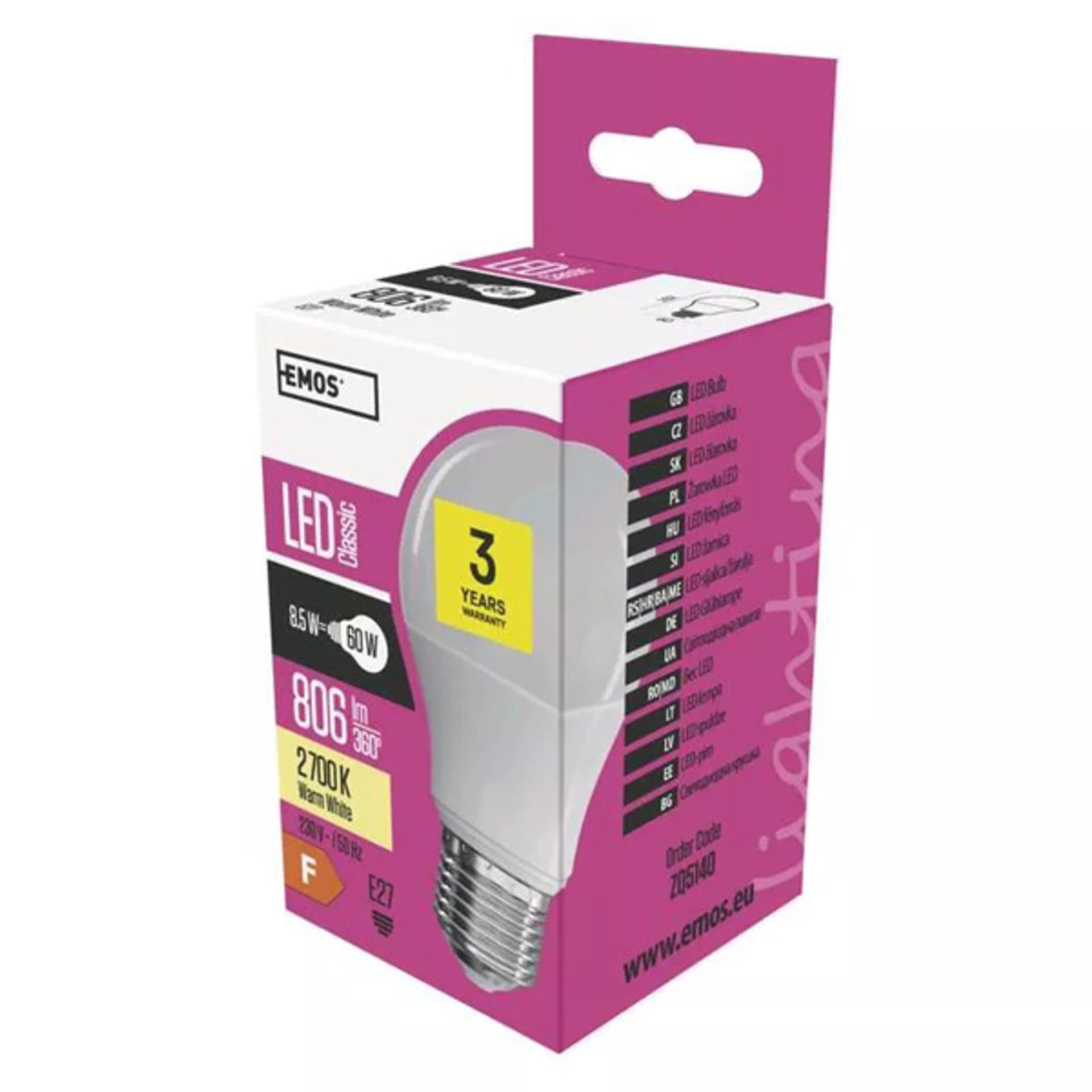 

LED żarówka EMOS Lighting E27, 220-240V, 8.5W, 806lm, 2700k, ciepła biel, 30000h, Classic A60 102X60X60mm