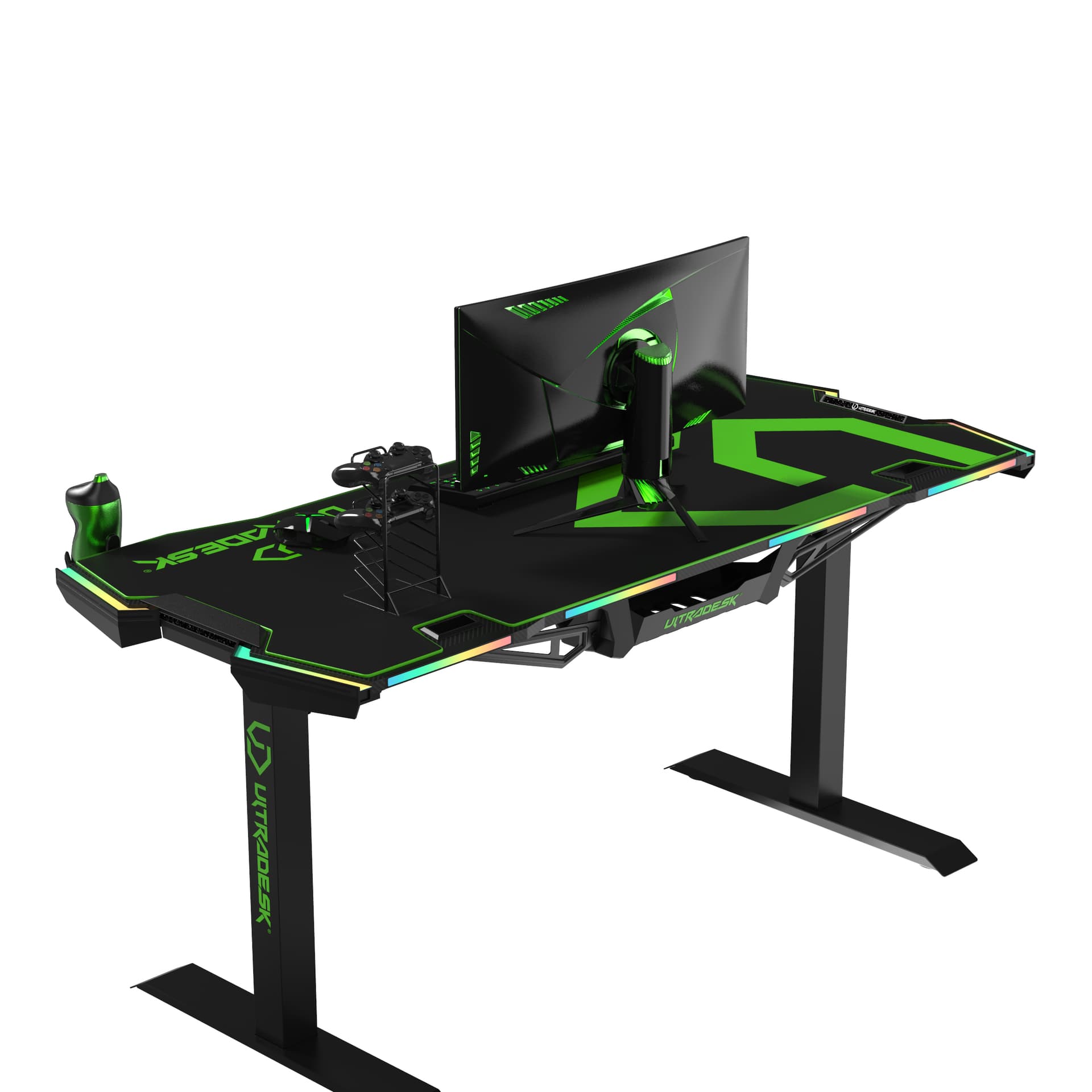 

ULTRADESK Biurko dla gracza FORCE - zielone, 166x70 cm, 66-86 cm, 5 poziomów wysokości, z podkładką pod mysz XXL, podświetlenie RG