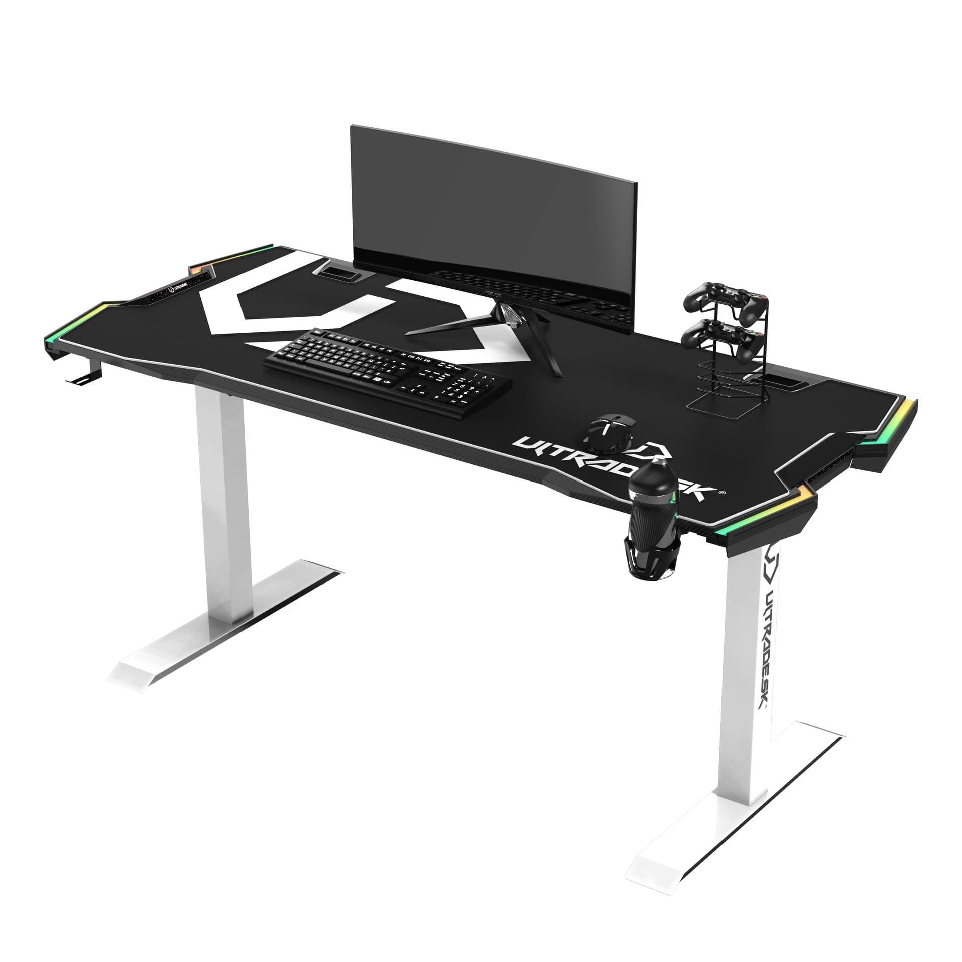 

ULTRADESK Biurko dla gracza FORCE SNOW - białe, 166x70 cm, 66-86 cm, 5 poziomów wysokości, z podkładką pod mysz XXL, podświetlenie