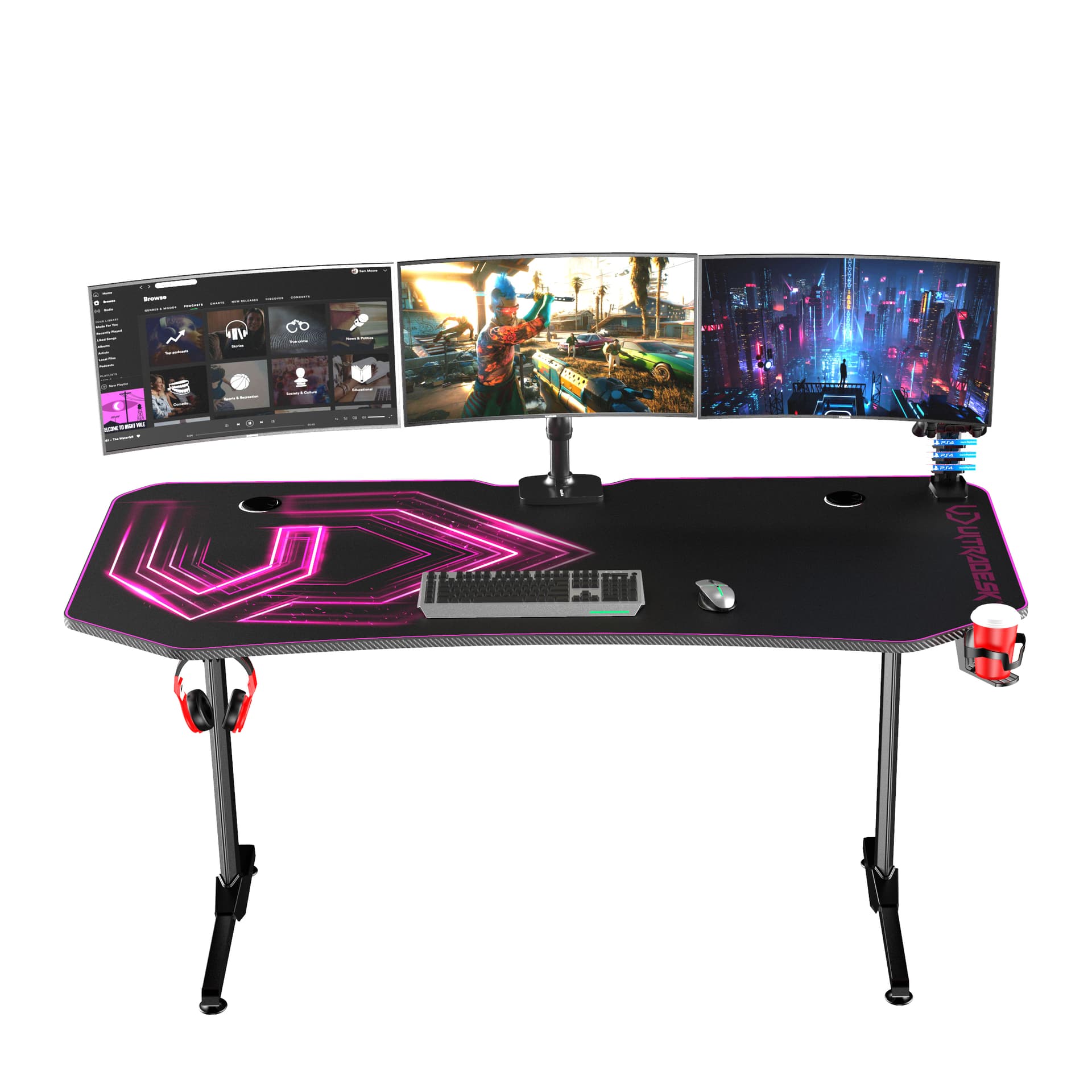 

ULTRADESK Biurko dla gracza FRAG XXL PINK, 160 x 75 cm, 75 cm, uchwyty na słuchawki i napoje, z podkładką XXL na cały pulpit