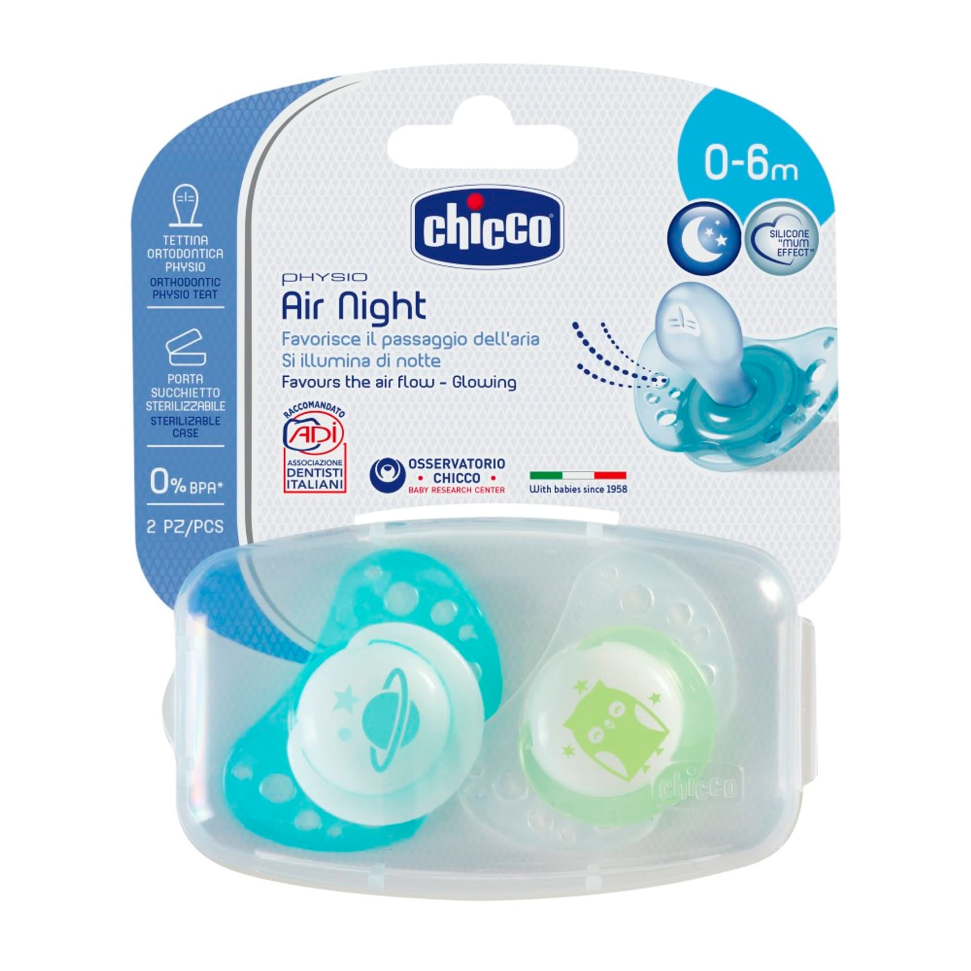 

Chicco Physio Air 0m+ Lumi Smoczek do uspokajania świecący w nocy