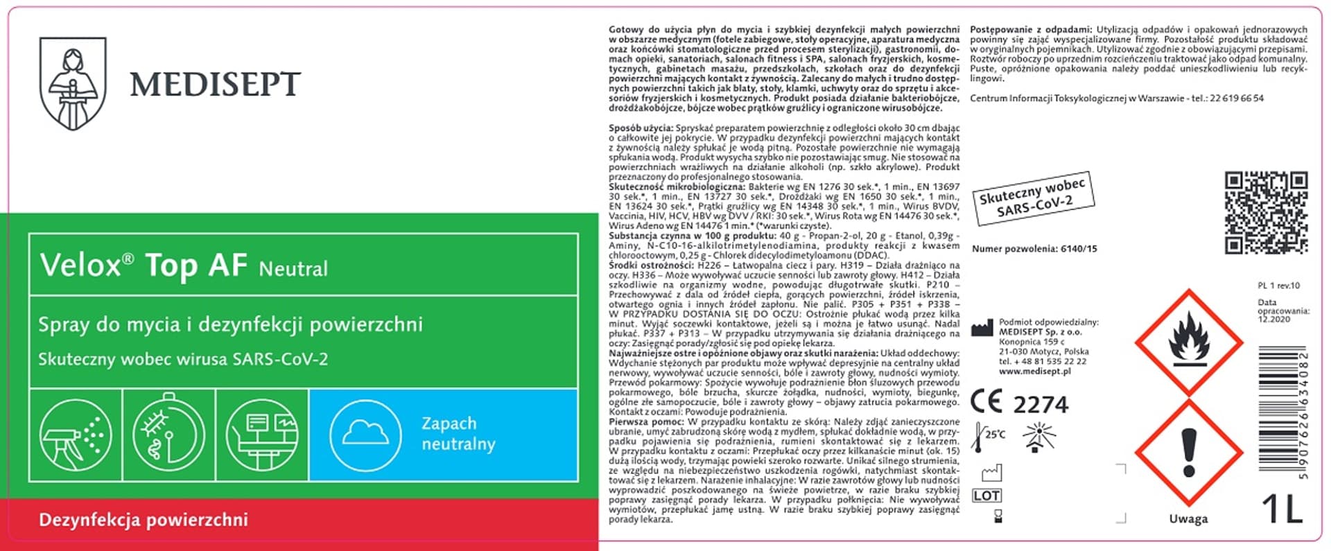 

Velox Top AF-1 l. Medisept ze spryskiwaczem Preparat do dezynfekcji i mycia powierzchni nieinwazyjnych wyrobów medycznych