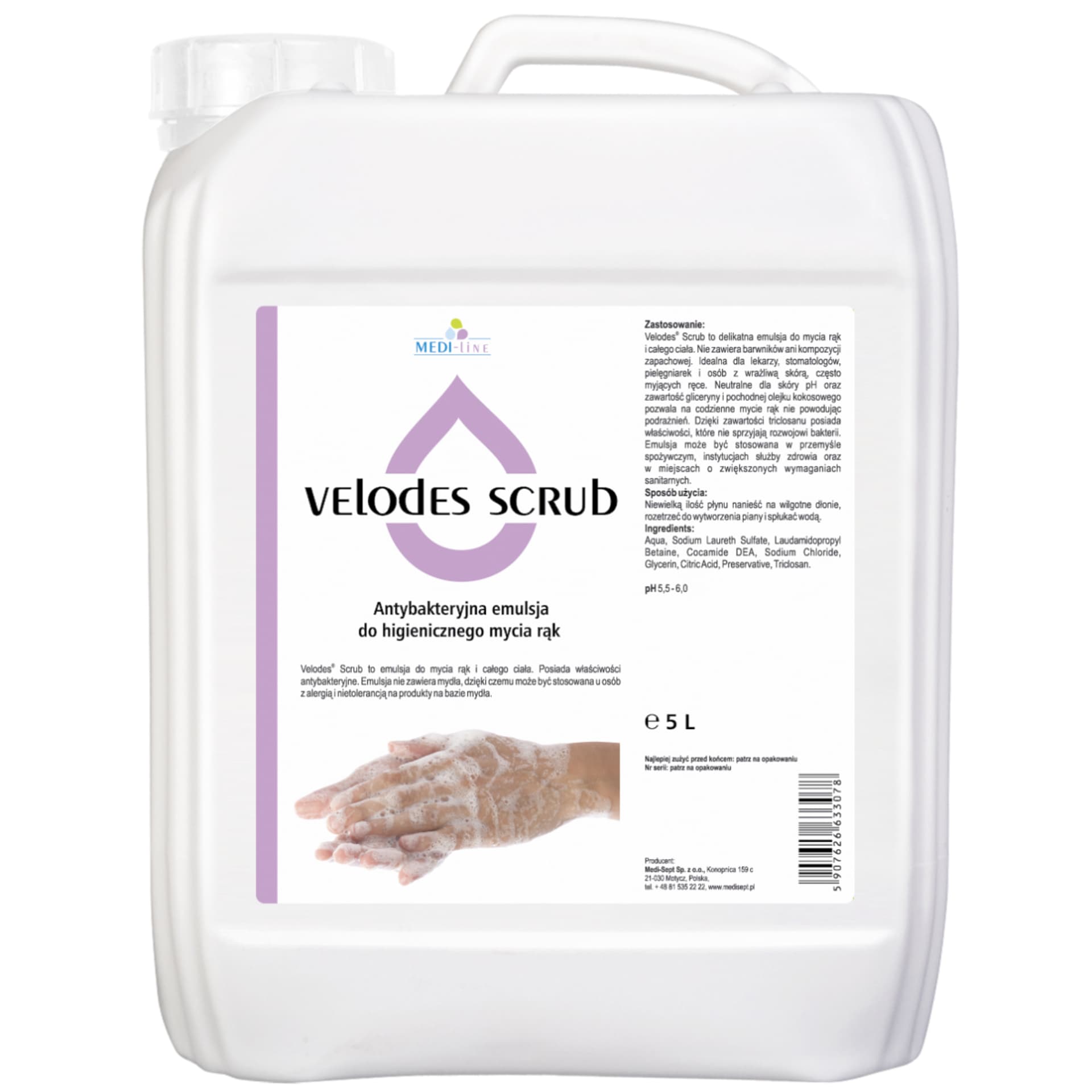 

Velodes Scrub 5L Medisept Antybakteryjna emulsja do higienicznego mycia rąk