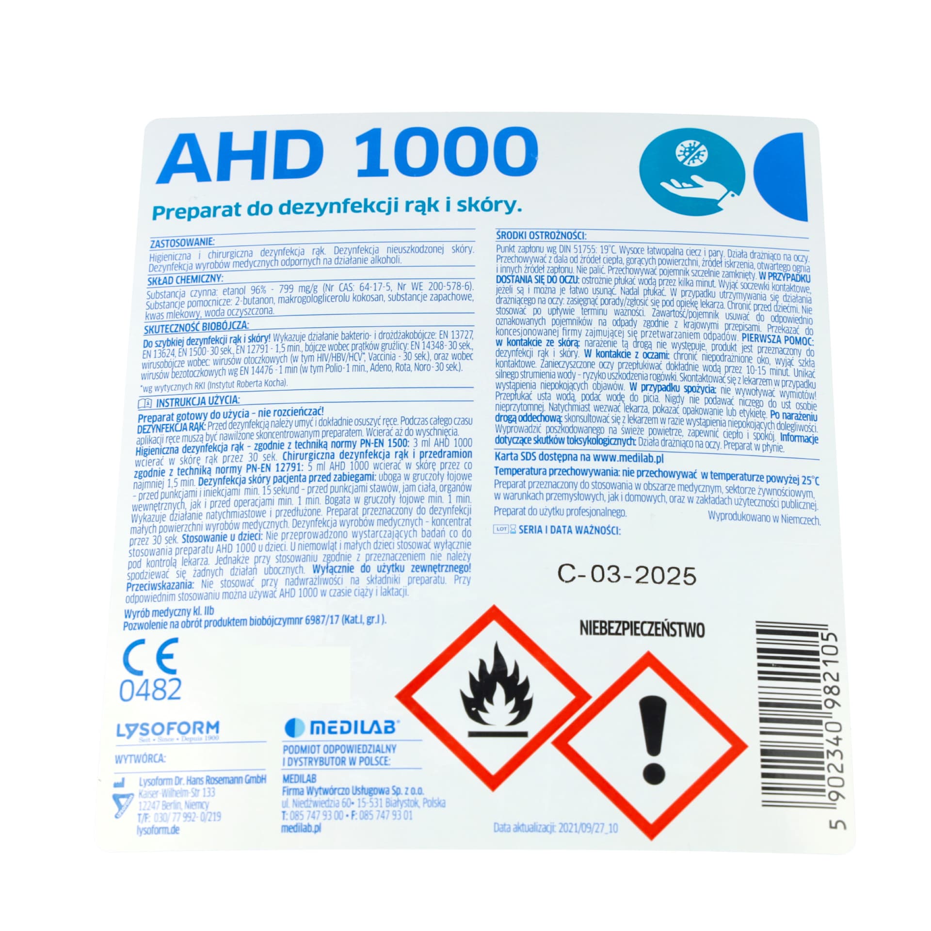 

AHD 1000 5 litrów Medilab Alkoholowy płyn do higienicznej i chirurgicznej dezynfekcji rąk i skóry.