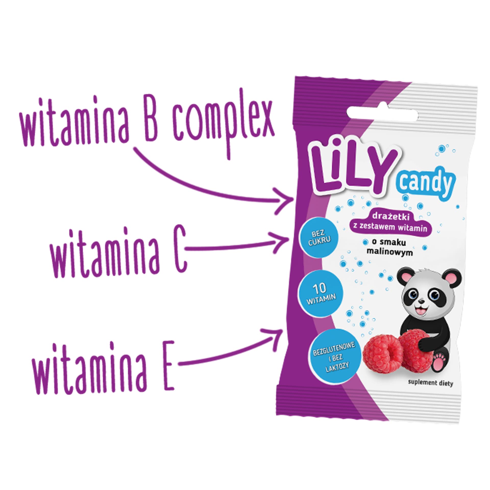

Drażetki LiLY Candy z zestawem 10 witamin-1 sztuka o smaku malinowym