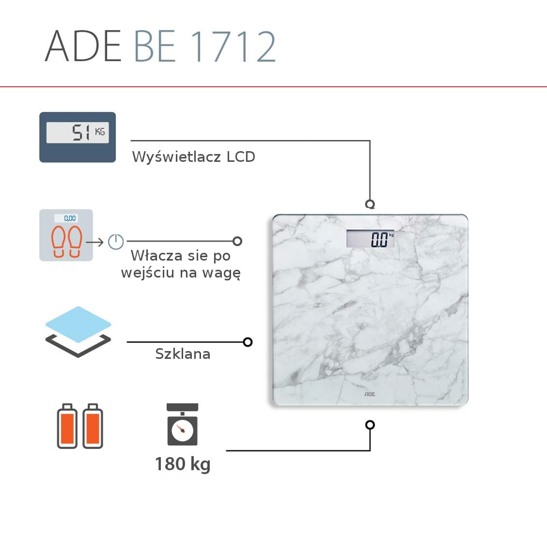 

ADE BE1712 BE1711 Aurora-biały Biała, marmurowa, cyfrowa waga łazienkowa
