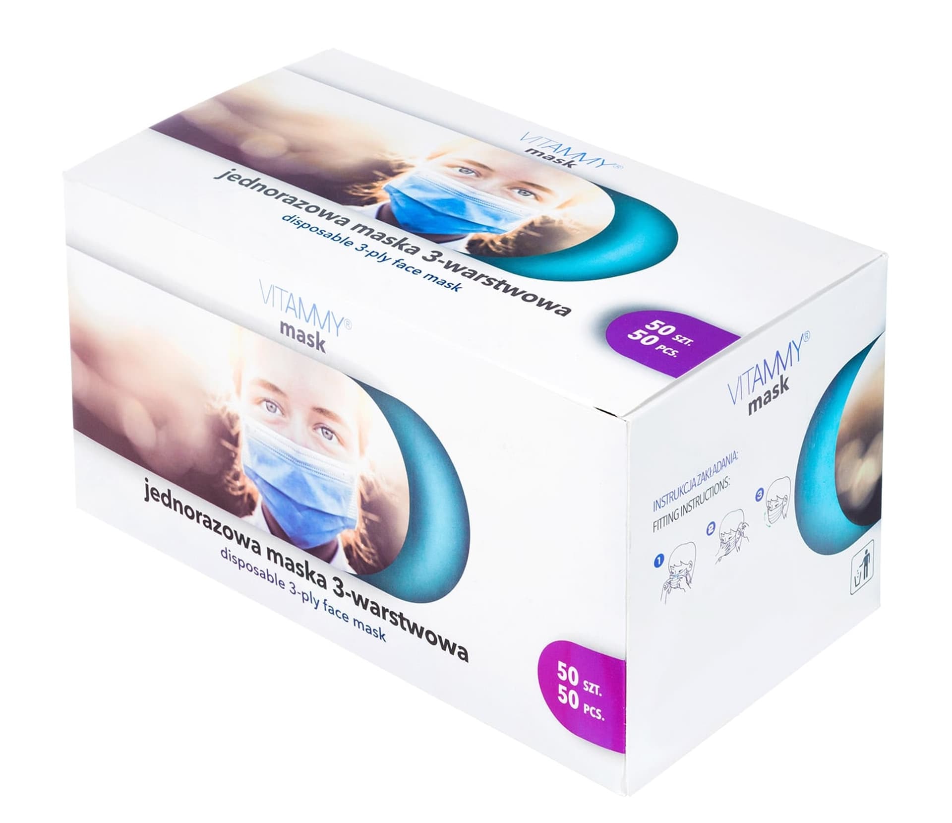 

VITAMMY mask S 50 szt. Medyczna maska jednorazowa 3-warstwowa na gumki, zabiegowa TYP II EN14683